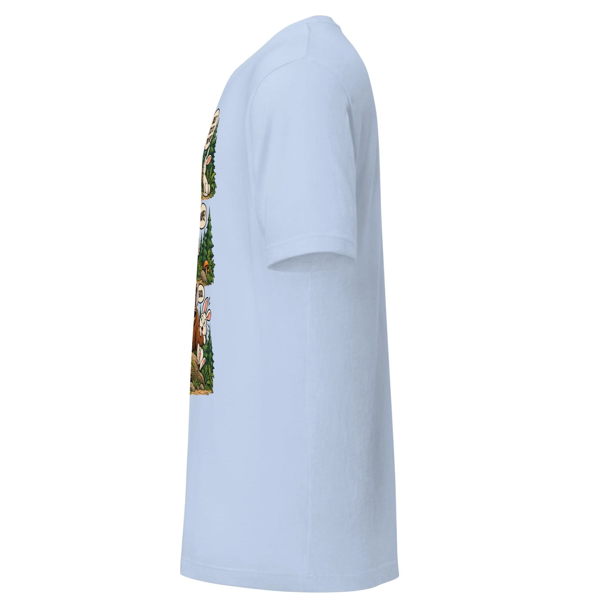 Bear & Rabbit camping humor T-shirt in baby blue, left side view