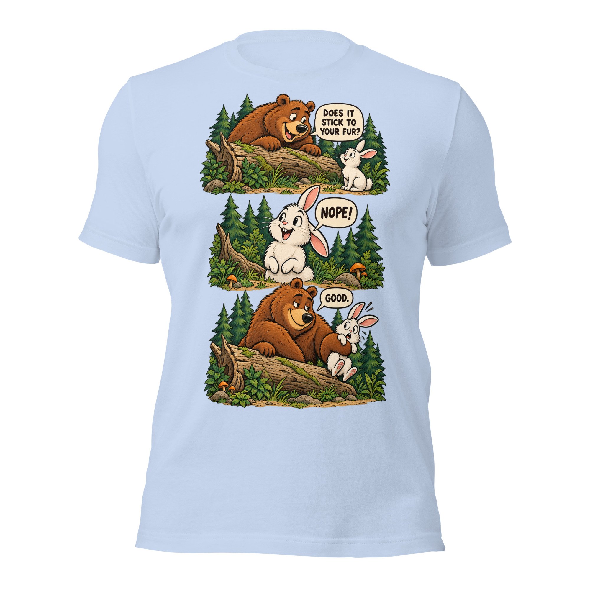 Bear & Rabbit camping humor T-shirt in baby blue, front view, featuring three-scene bear and rabbit cartoon