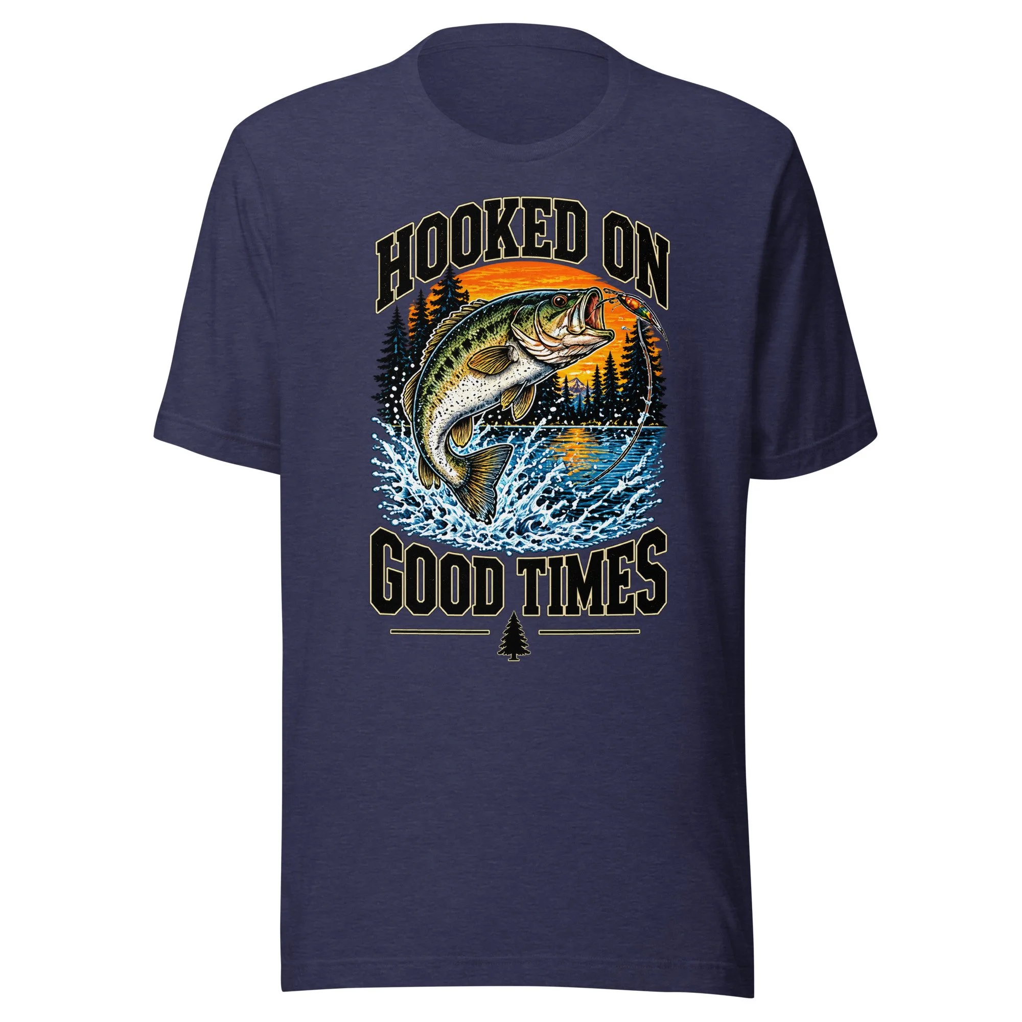 Hooked on Good Times bass fishing T-shirt in heather midnight navy, front view, featuring leaping largemouth bass, lake and sunset artwork