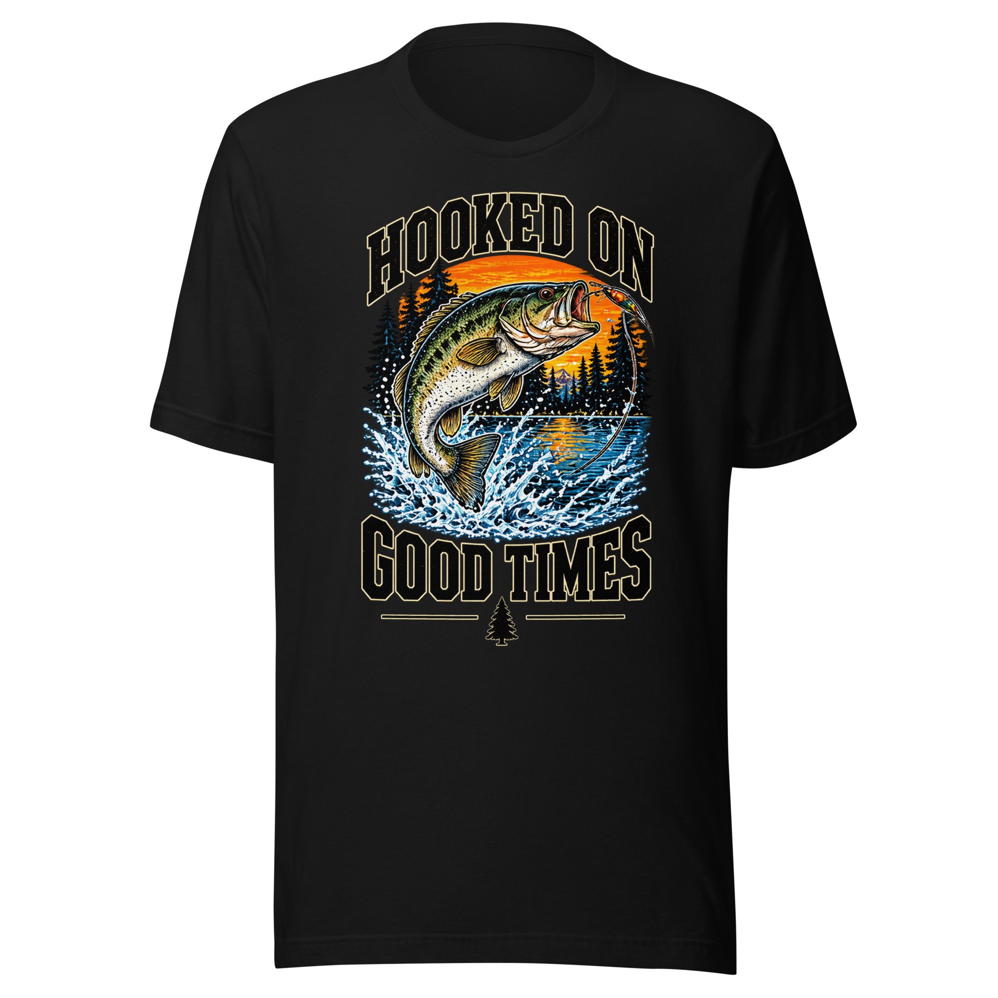 Hooked on Good Times bass fishing T-shirt in black, front view, featuring leaping largemouth bass, lake and sunset artwork