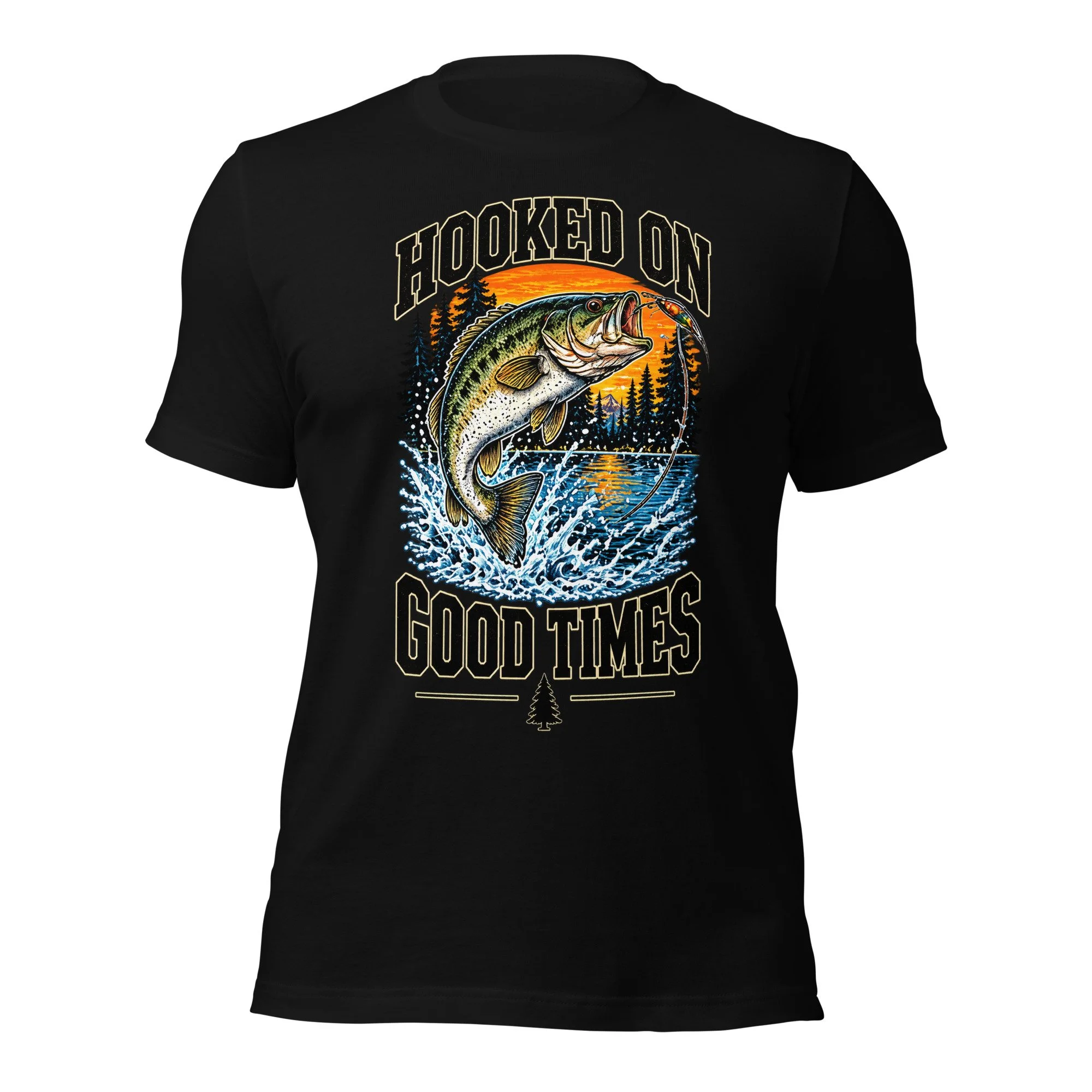 Hooked on Good Times bass fishing T-shirt in black, front view, featuring leaping largemouth bass, lake and sunset artwork