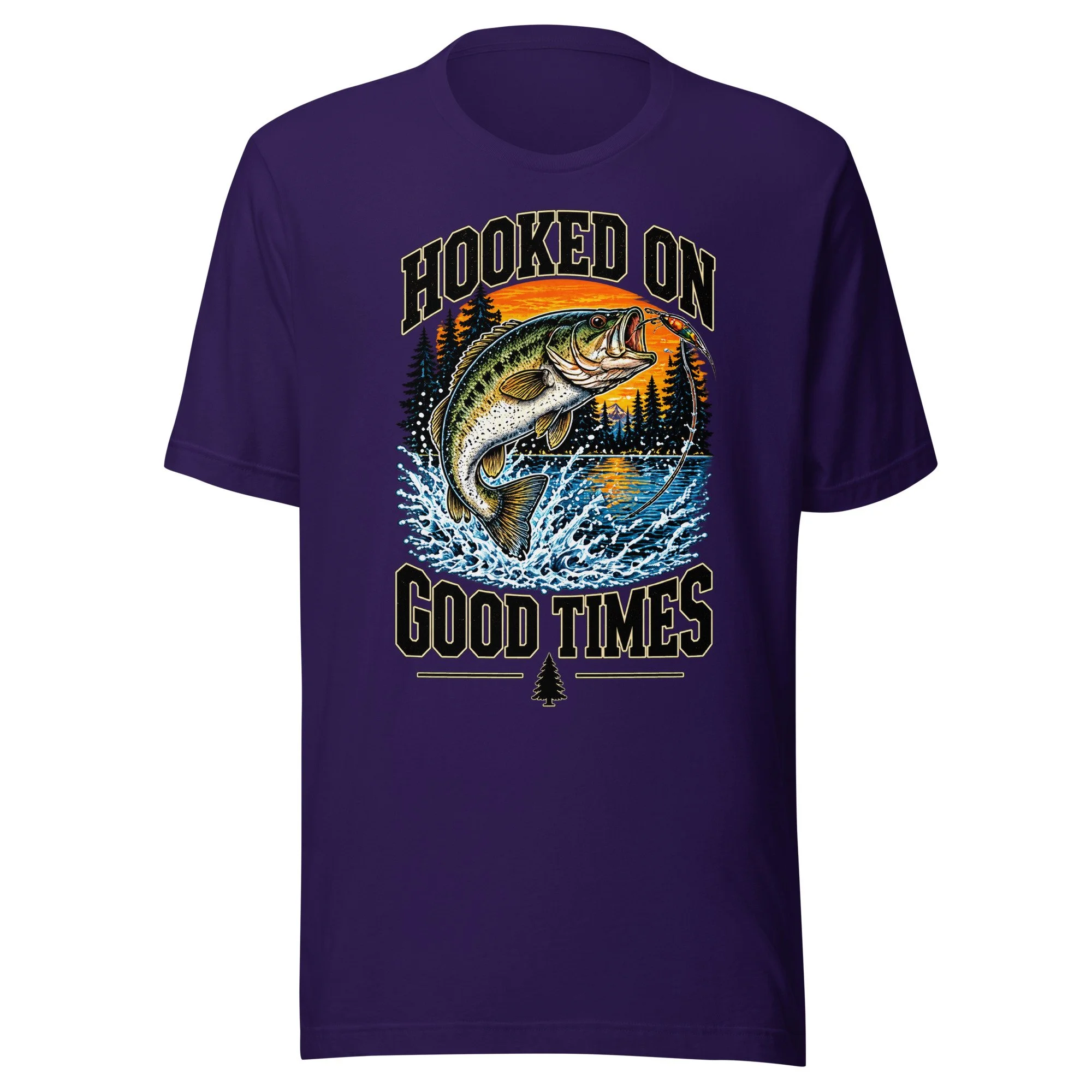 Hooked on Good Times bass fishing T-shirt in team purple, front view, featuring leaping largemouth bass, lake and sunset artwork
