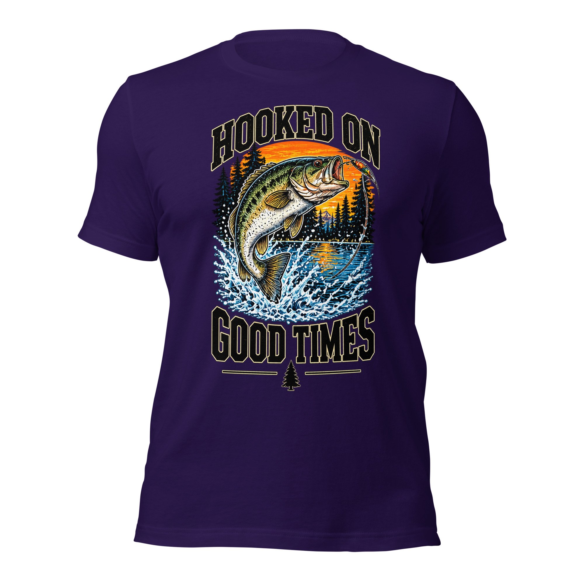 Hooked on Good Times bass fishing T-shirt in team purple, front view, featuring leaping largemouth bass, lake and sunset artwork