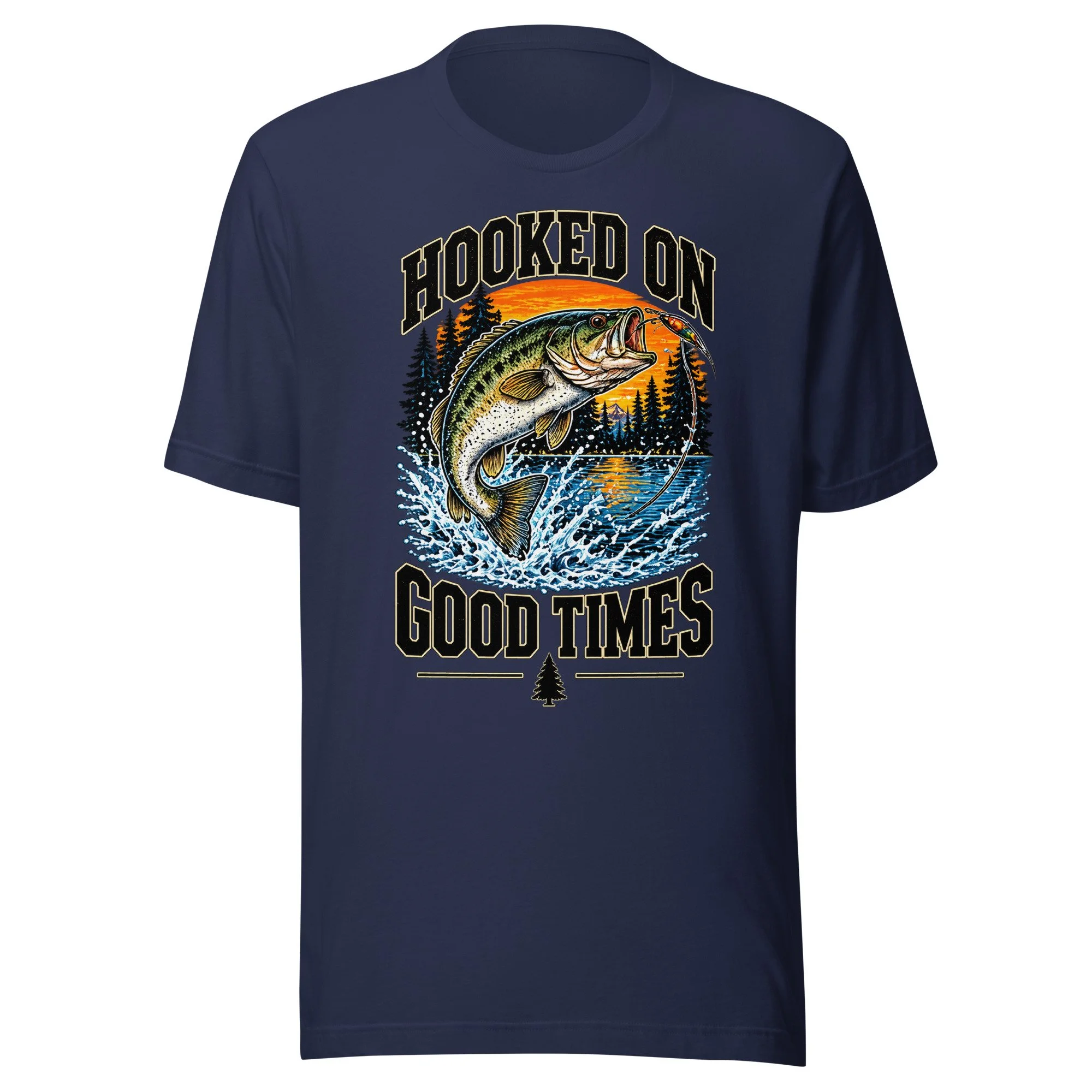 Hooked on Good Times bass fishing T-shirt in navy, front view, featuring leaping largemouth bass, lake and sunset artwork