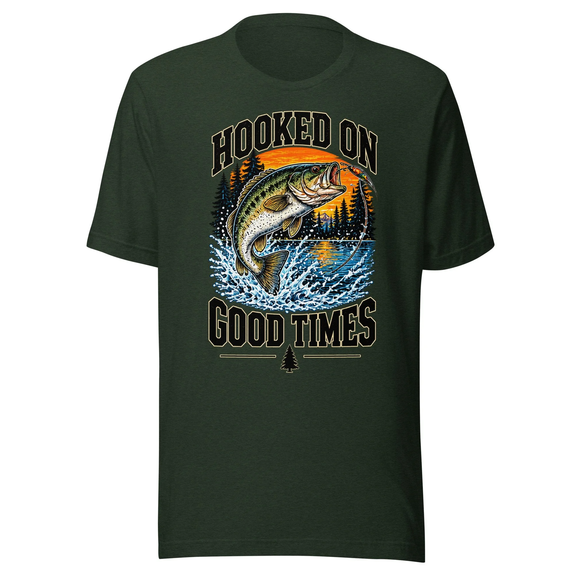 Hooked on Good Times bass fishing T-shirt in heather emerald, front view, featuring leaping largemouth bass, lake and sunset artwork