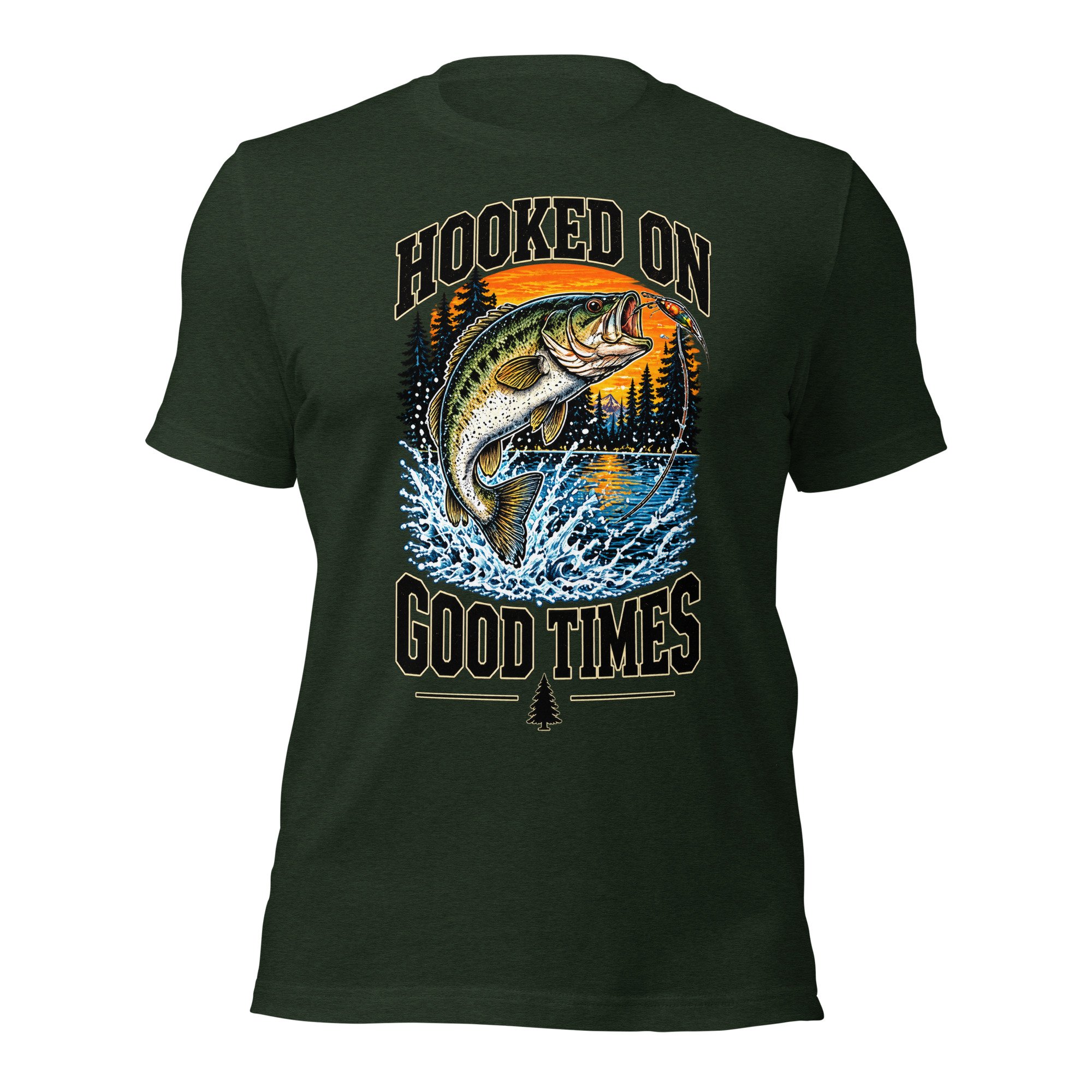 Hooked on Good Times bass fishing T-shirt in heather emerald, front view, featuring leaping largemouth bass, lake and sunset artwork
