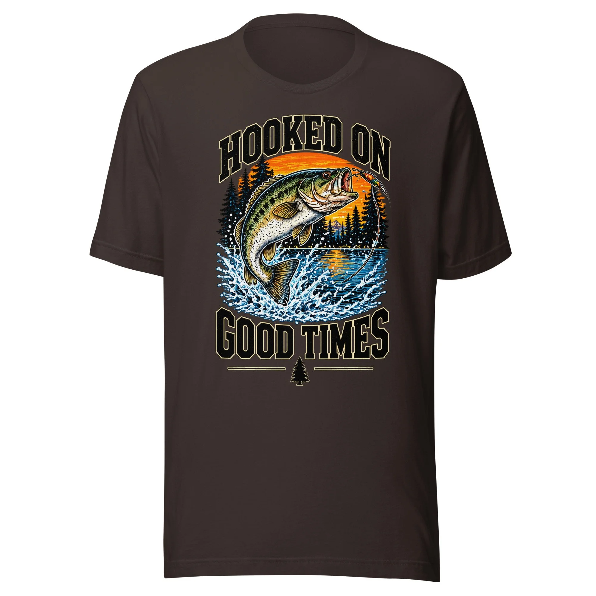 Hooked on Good Times bass fishing T-shirt in brown, front view, featuring leaping largemouth bass, lake and sunset artwork
