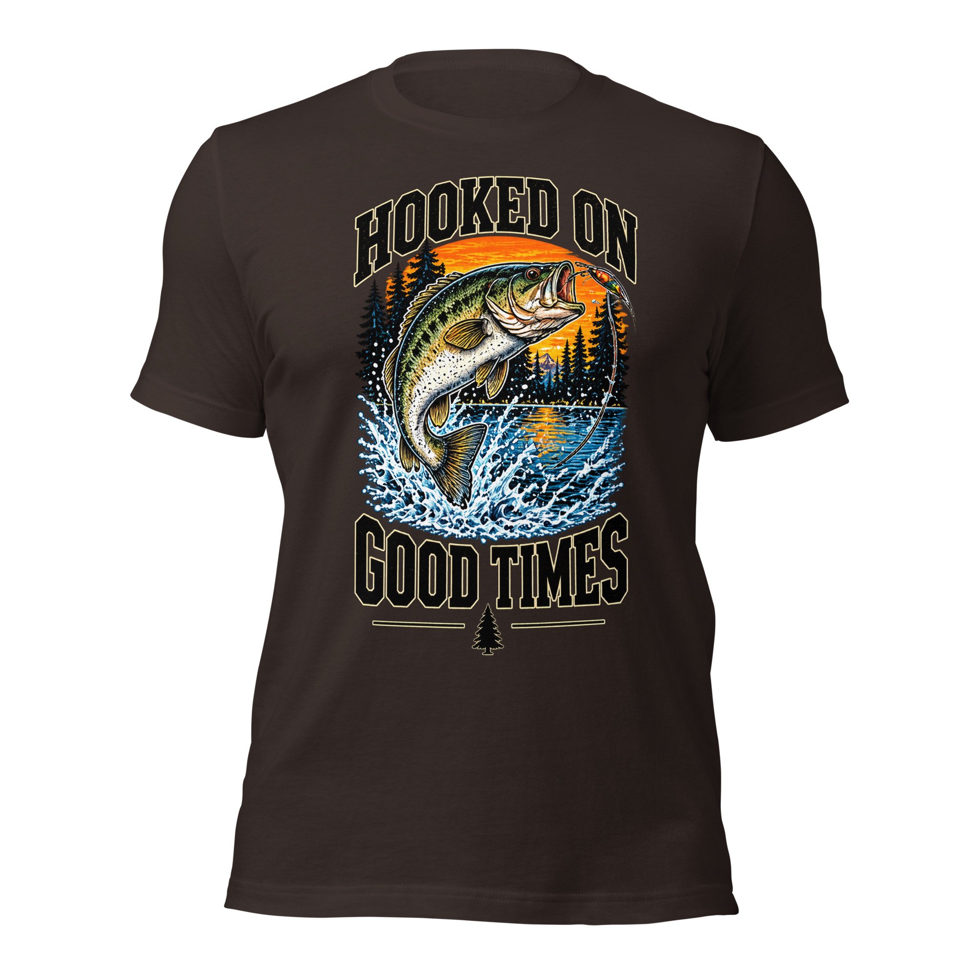 Hooked on Good Times bass fishing T-shirt in brown, front view, featuring leaping largemouth bass, lake and sunset artwork