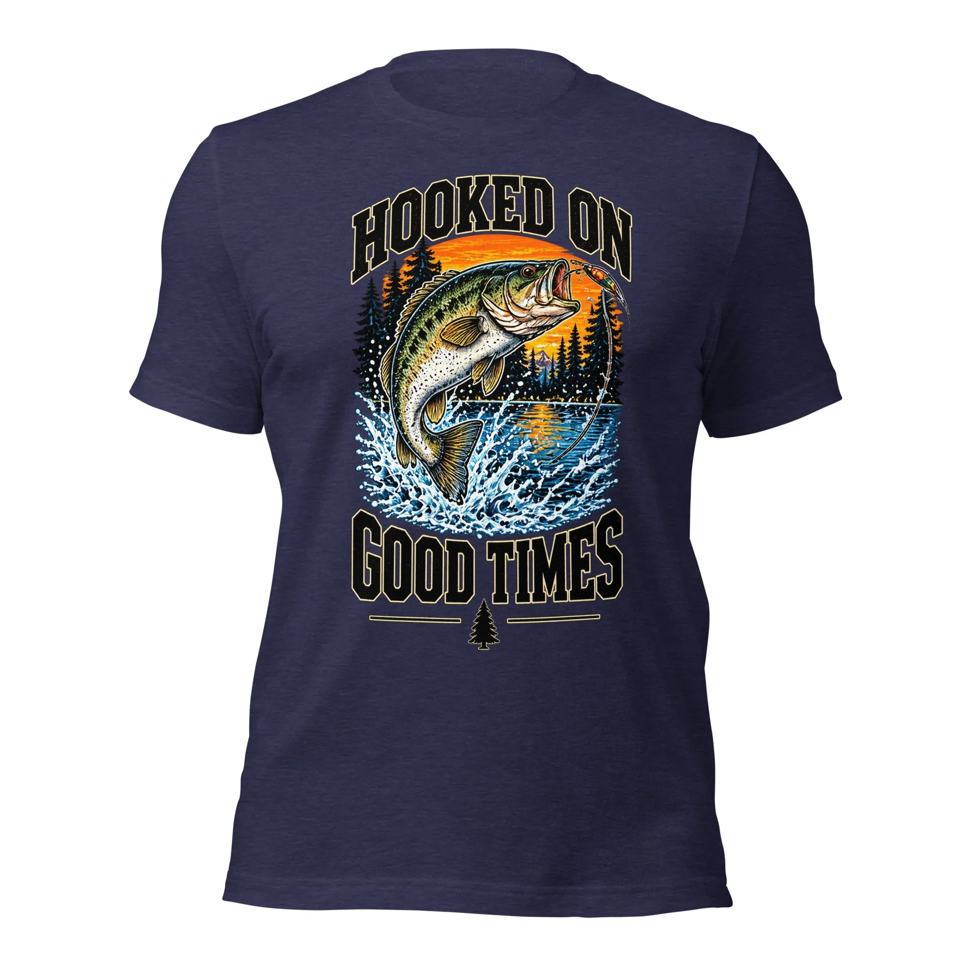 Hooked on Good Times bass fishing T-shirt in heather midnight navy, front view, featuring leaping largemouth bass, lake and sunset artwork