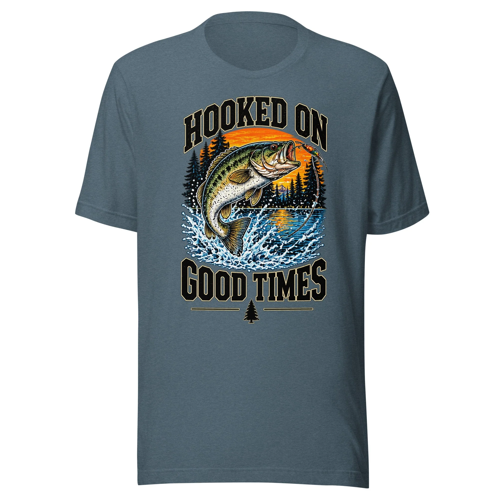 Hooked on Good Times bass fishing T-shirt in heather slate, front view, featuring leaping largemouth bass, lake and sunset artwork