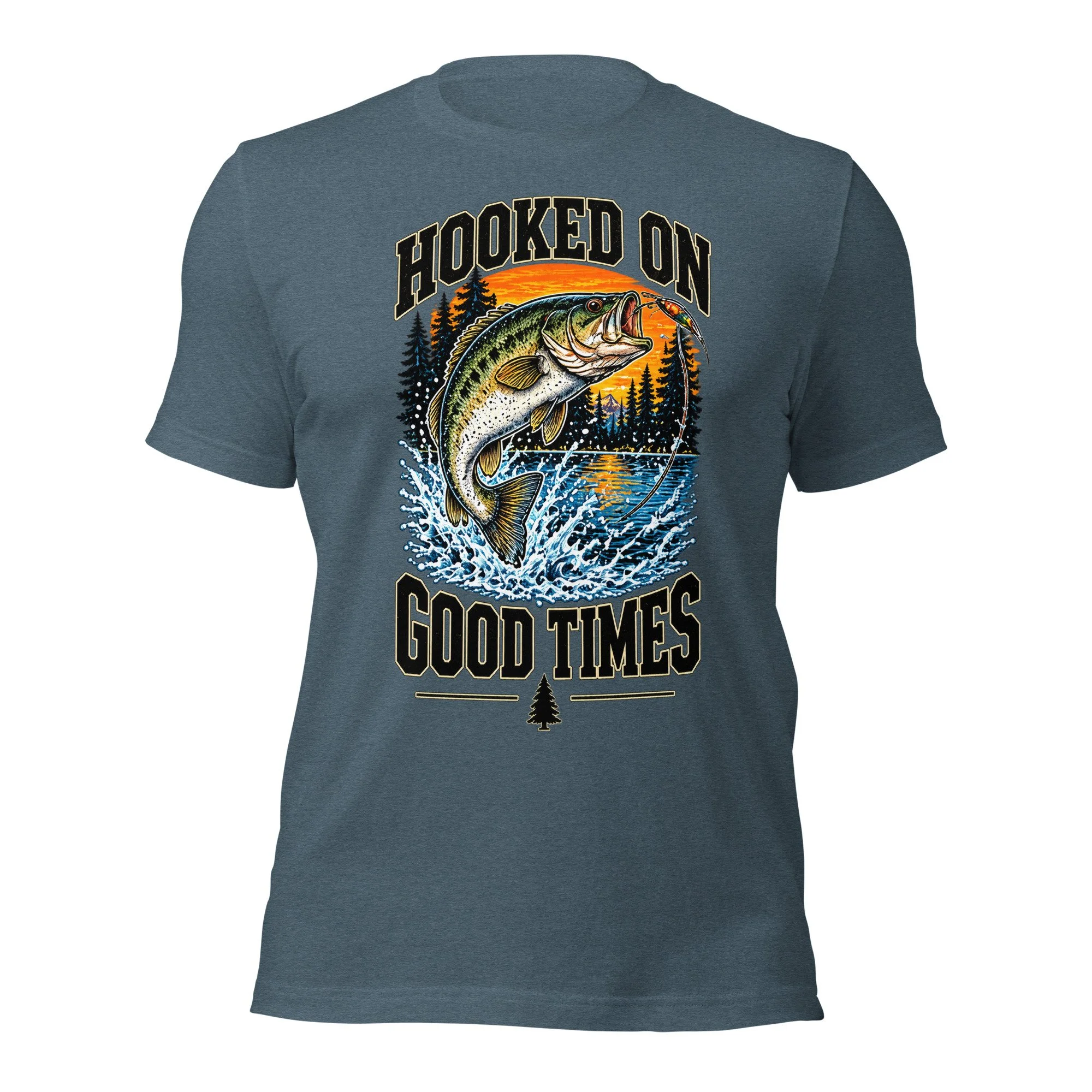 Hooked on Good Times bass fishing T-shirt in heather slate, front view, featuring leaping largemouth bass, lake and sunset artwork
