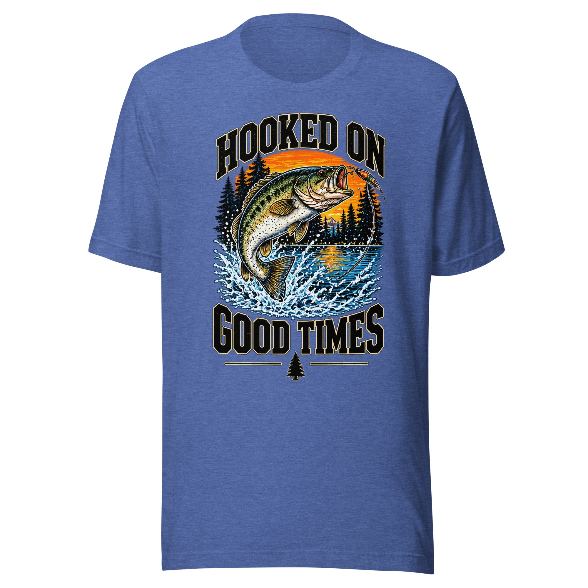 Hooked on Good Times bass fishing T-shirt in heather true royal, front view, featuring leaping largemouth bass, lake and sunset artwork