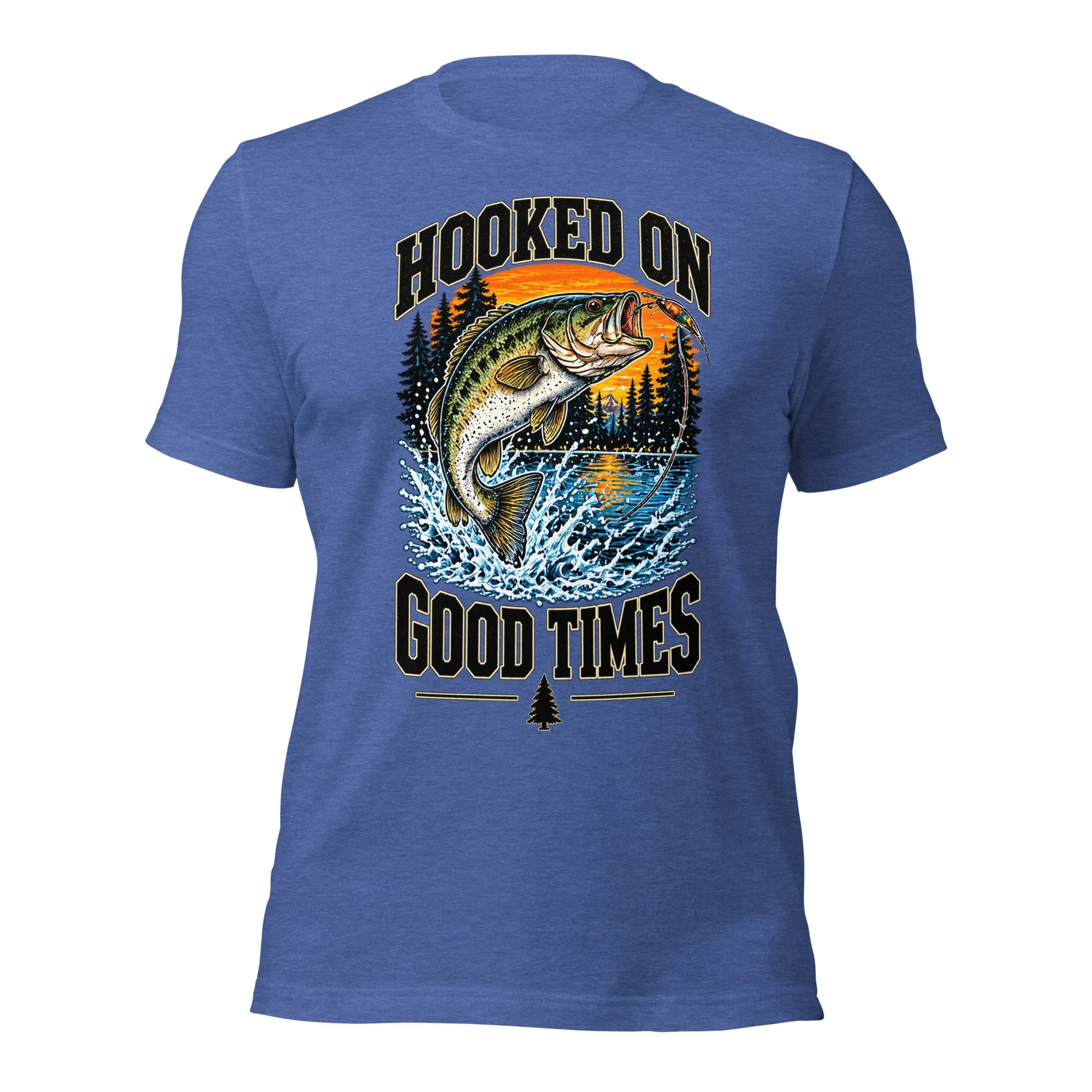 Hooked on Good Times bass fishing T-shirt in heather true royal, front view, featuring leaping largemouth bass, lake and sunset artwork