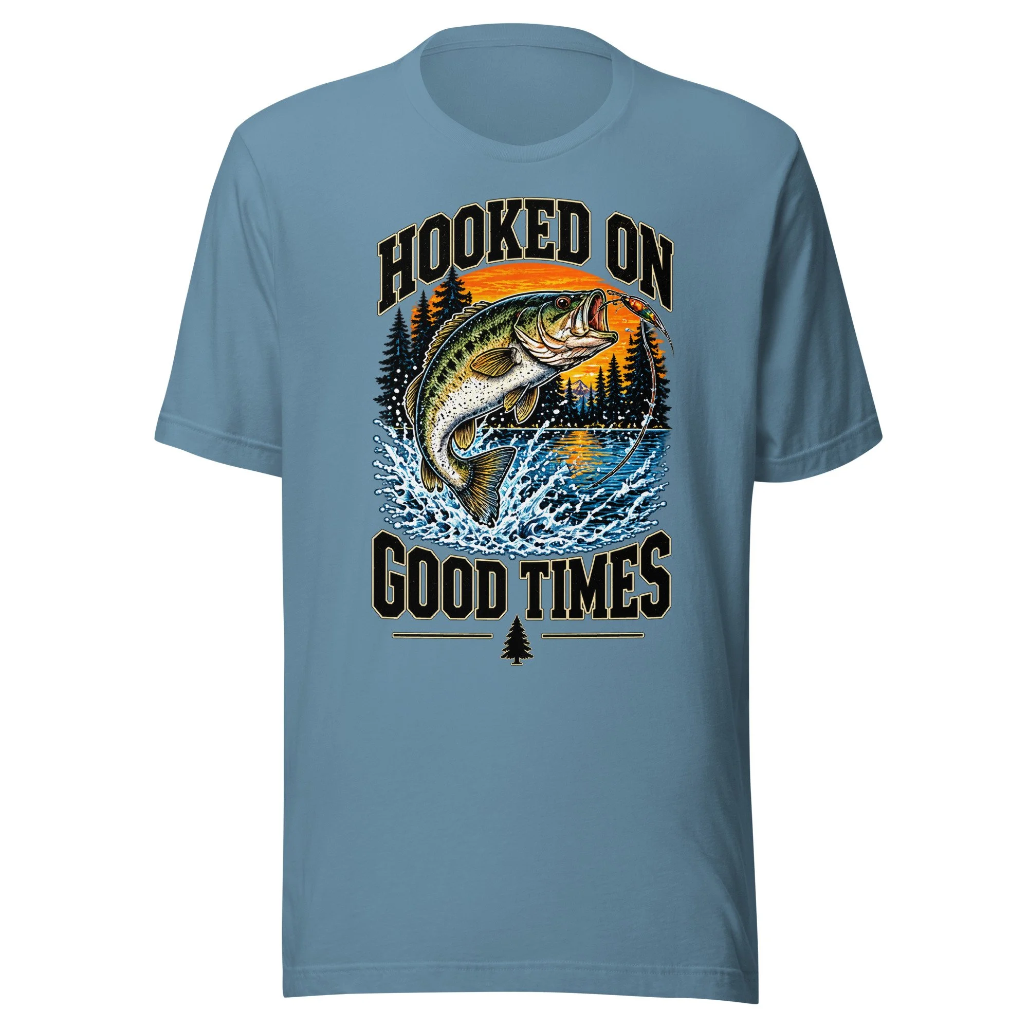 Hooked on Good Times bass fishing T-shirt in steel blue, front view, featuring leaping largemouth bass, lake and sunset artwork
