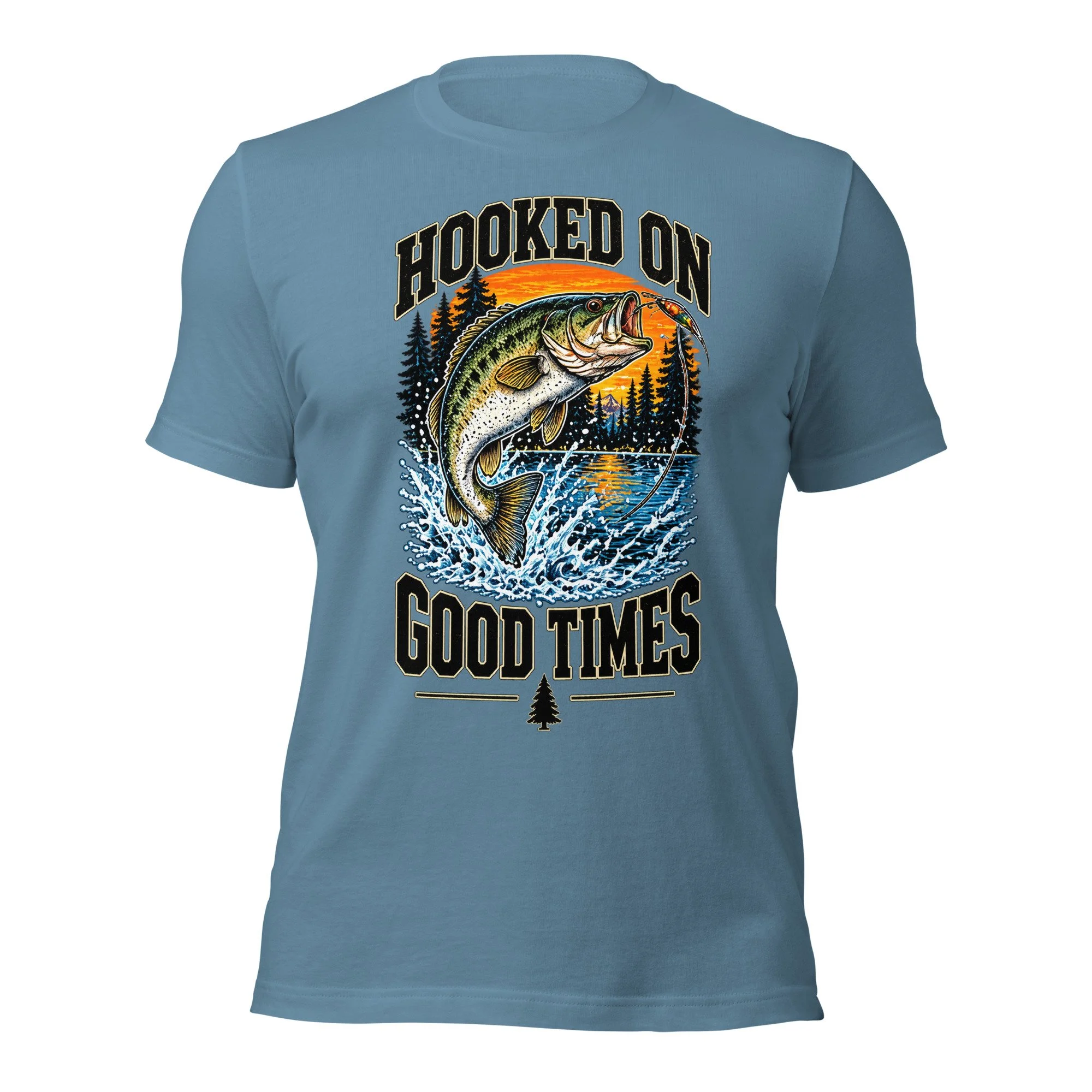 Hooked on Good Times bass fishing T-shirt in steel blue, front view, featuring leaping largemouth bass, lake and sunset artwork