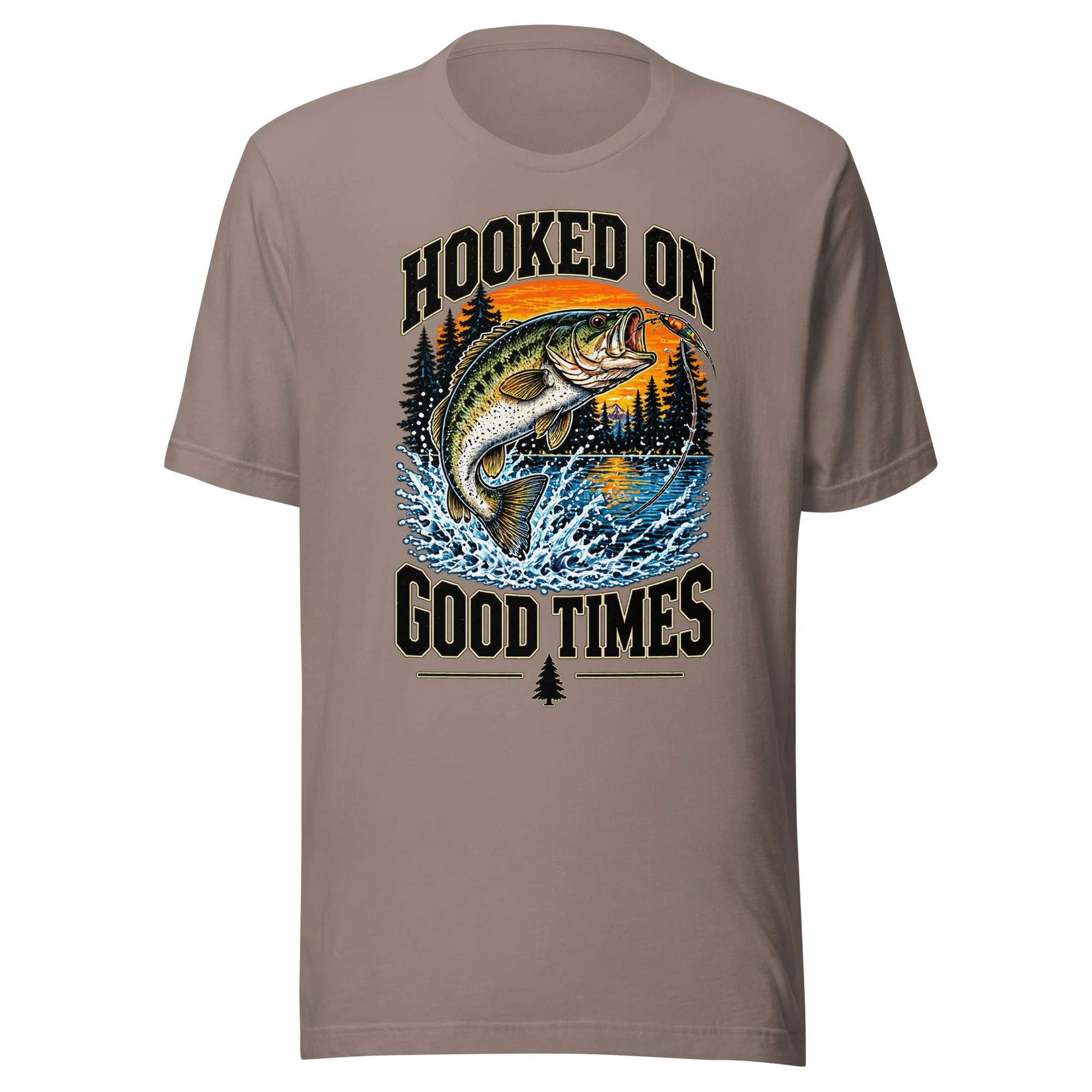 Hooked on Good Times bass fishing T-shirt in pebble, front view, featuring leaping largemouth bass, lake and sunset artwork