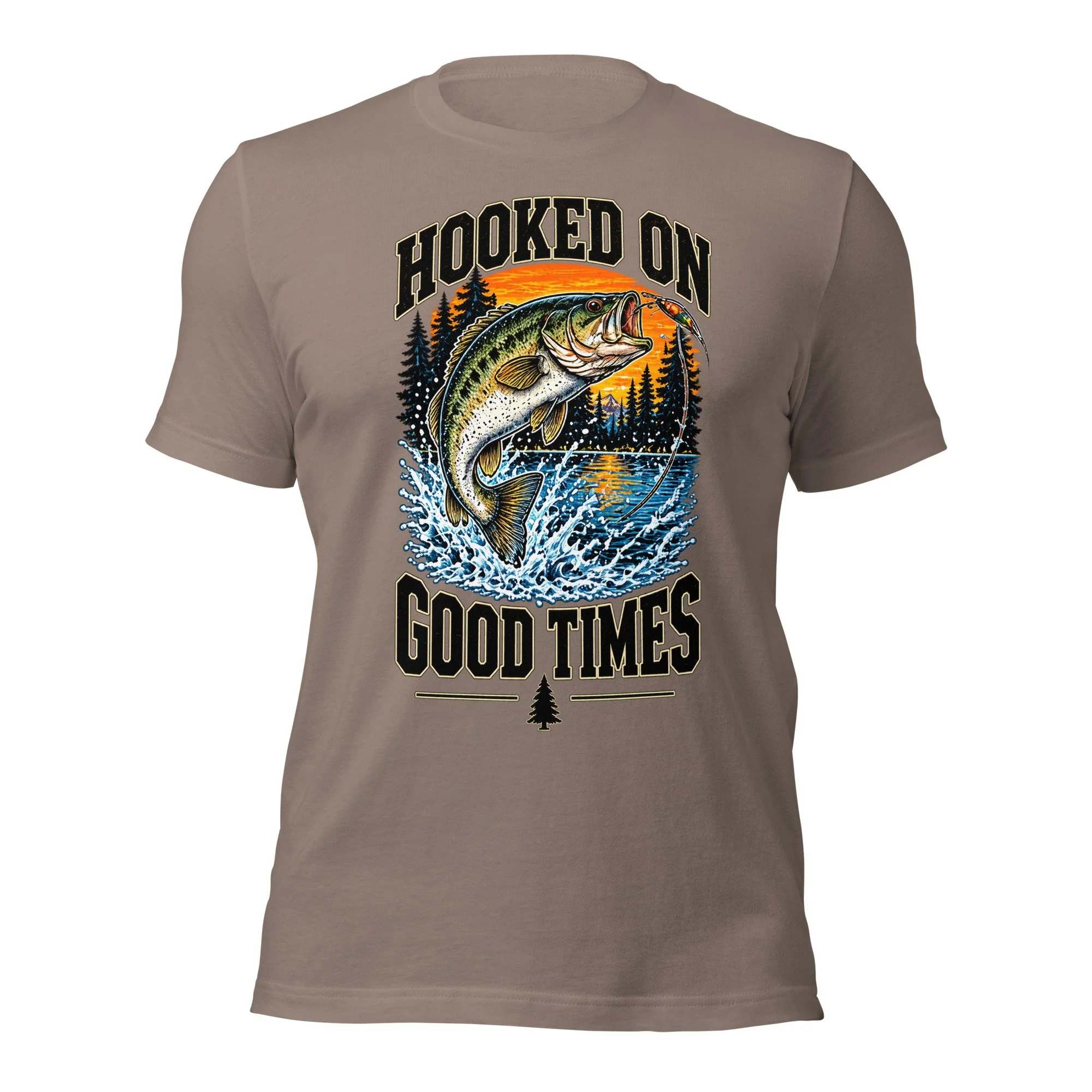 Hooked on Good Times bass fishing T-shirt in pebble, front view, featuring leaping largemouth bass, lake and sunset artwork