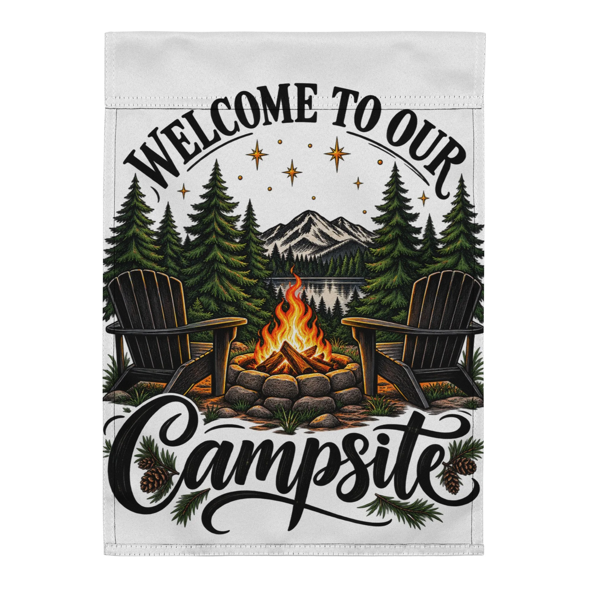 Welcome to Our Campsite camping garden flag, 12 by 17 inches, back view