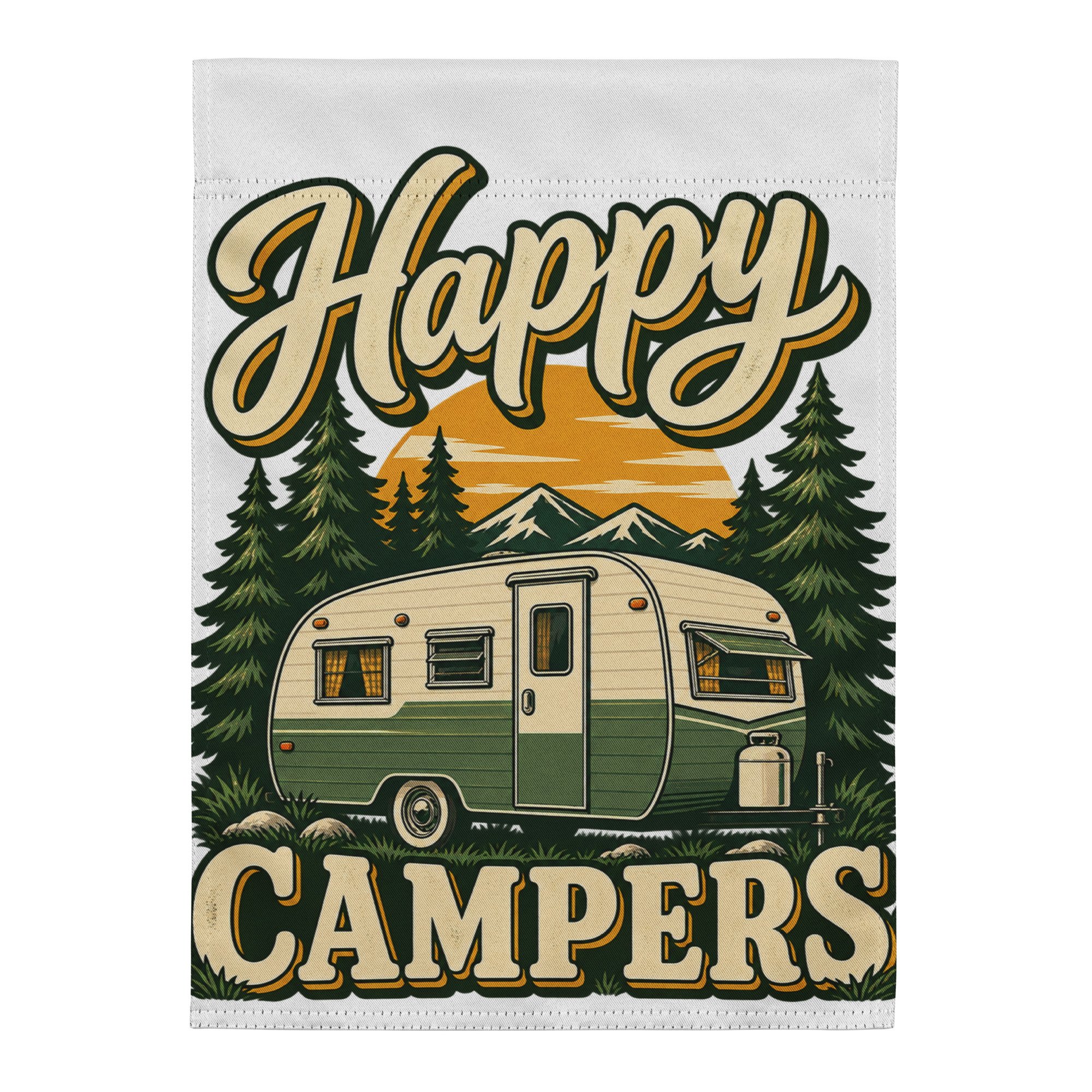 Happy Campers camping garden flag featuring vintage green camper, pine trees and sunset, 12 by 17 inches, front view