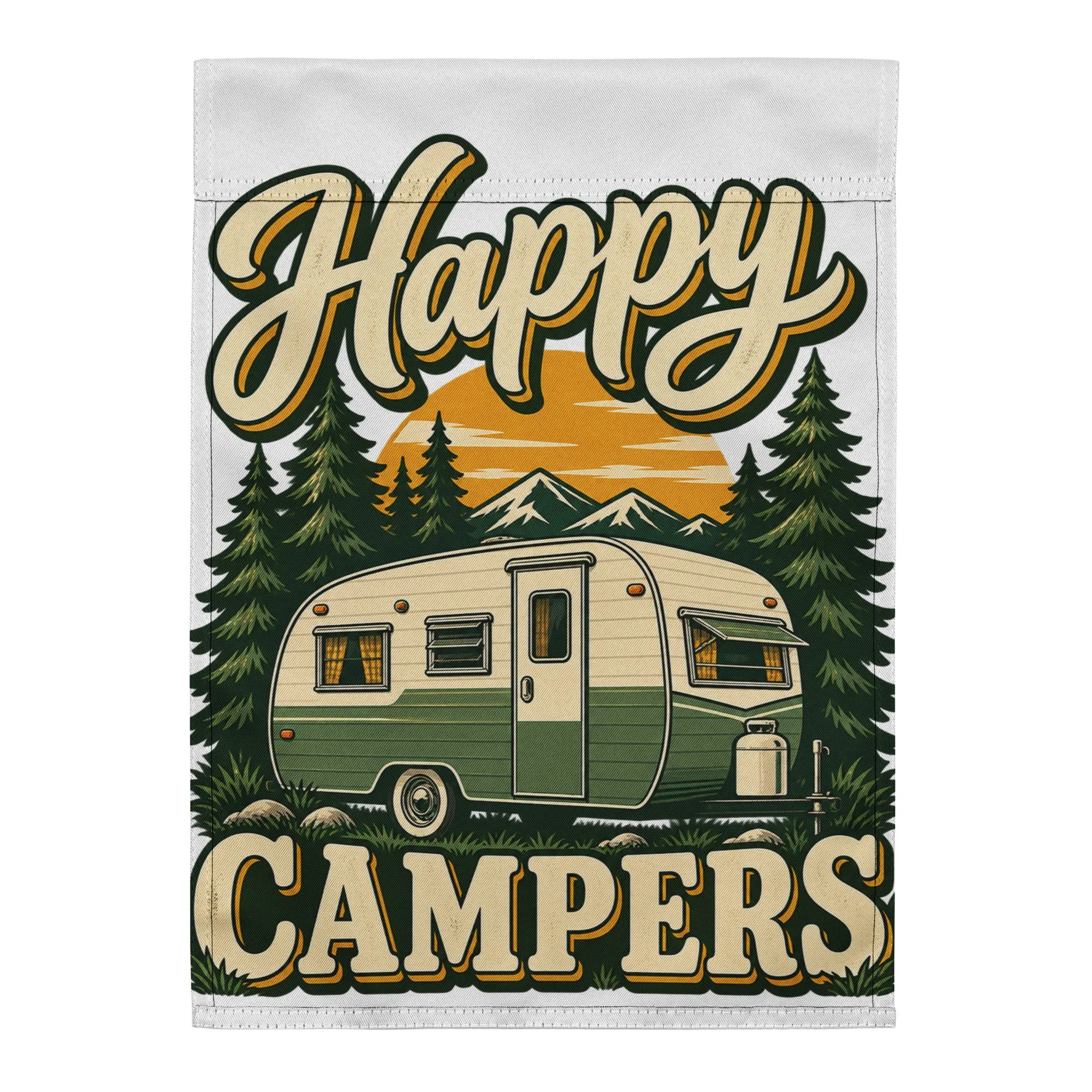Happy Campers camping garden flag, 12 by 17 inches, back view