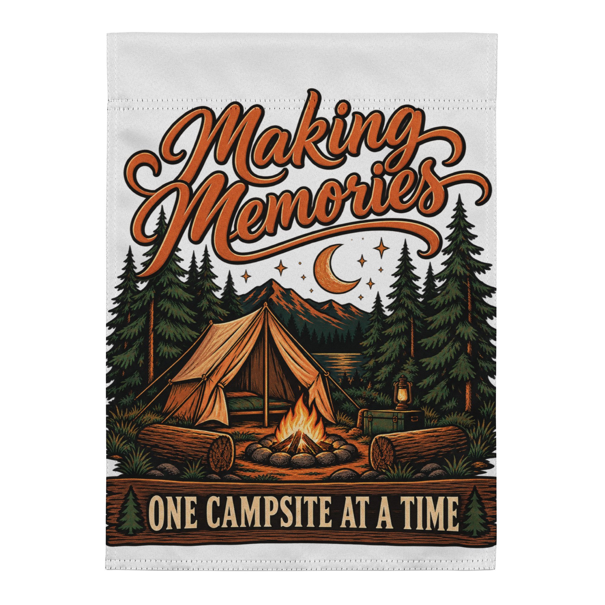Making Memories camping garden flag featuring tent, campfire and moonlit mountains, 12 by 17 inches, front view