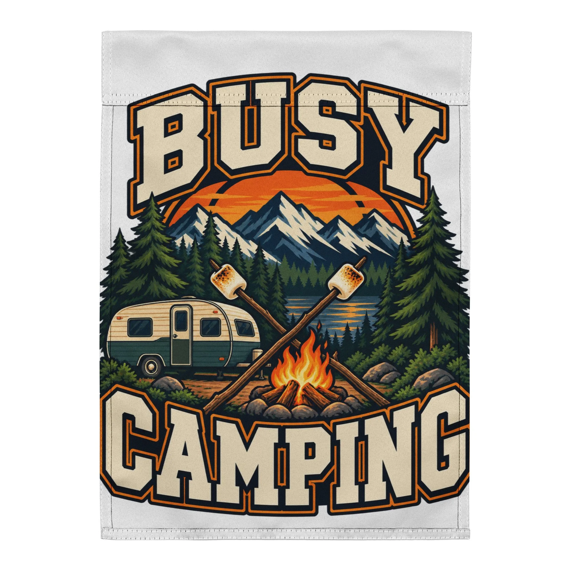 Busy Camping camping garden flag, 12 by 17 inches, back view