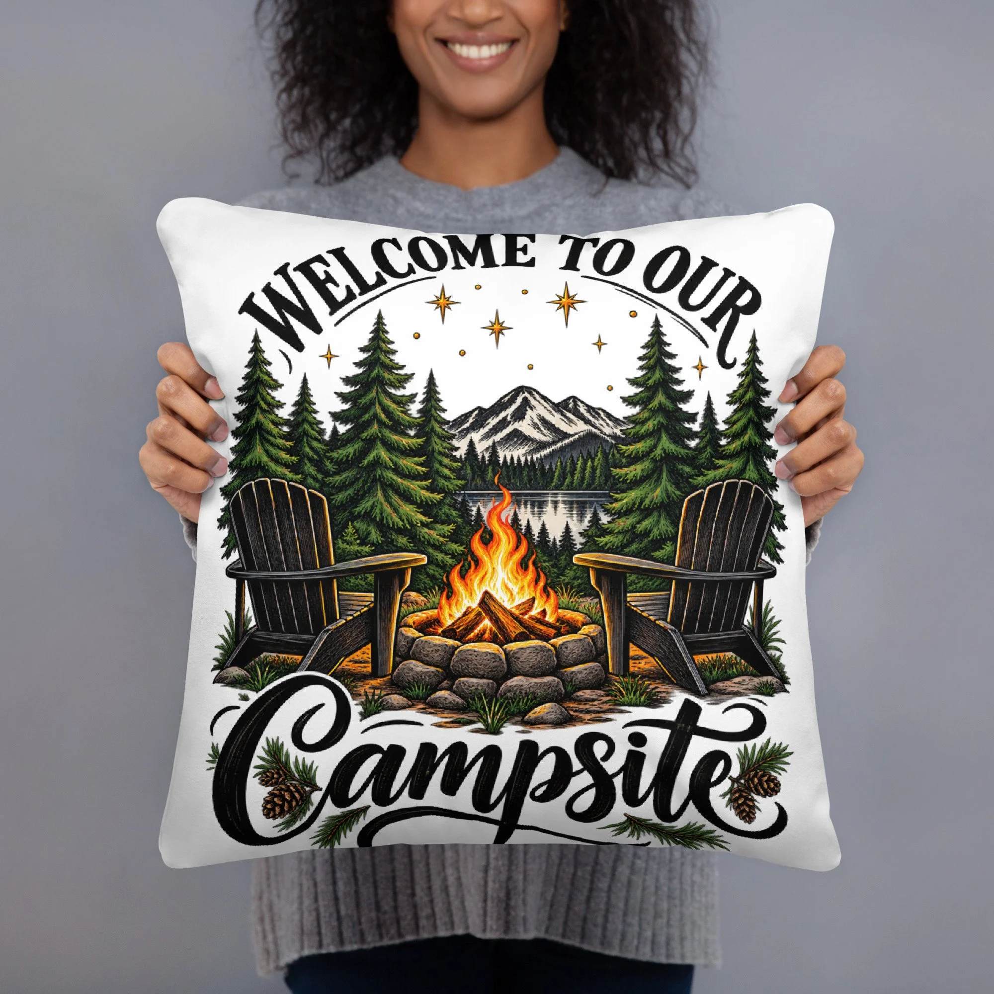 Welcome to Our Campsite camping throw pillow, 18 by 18 inches, back view