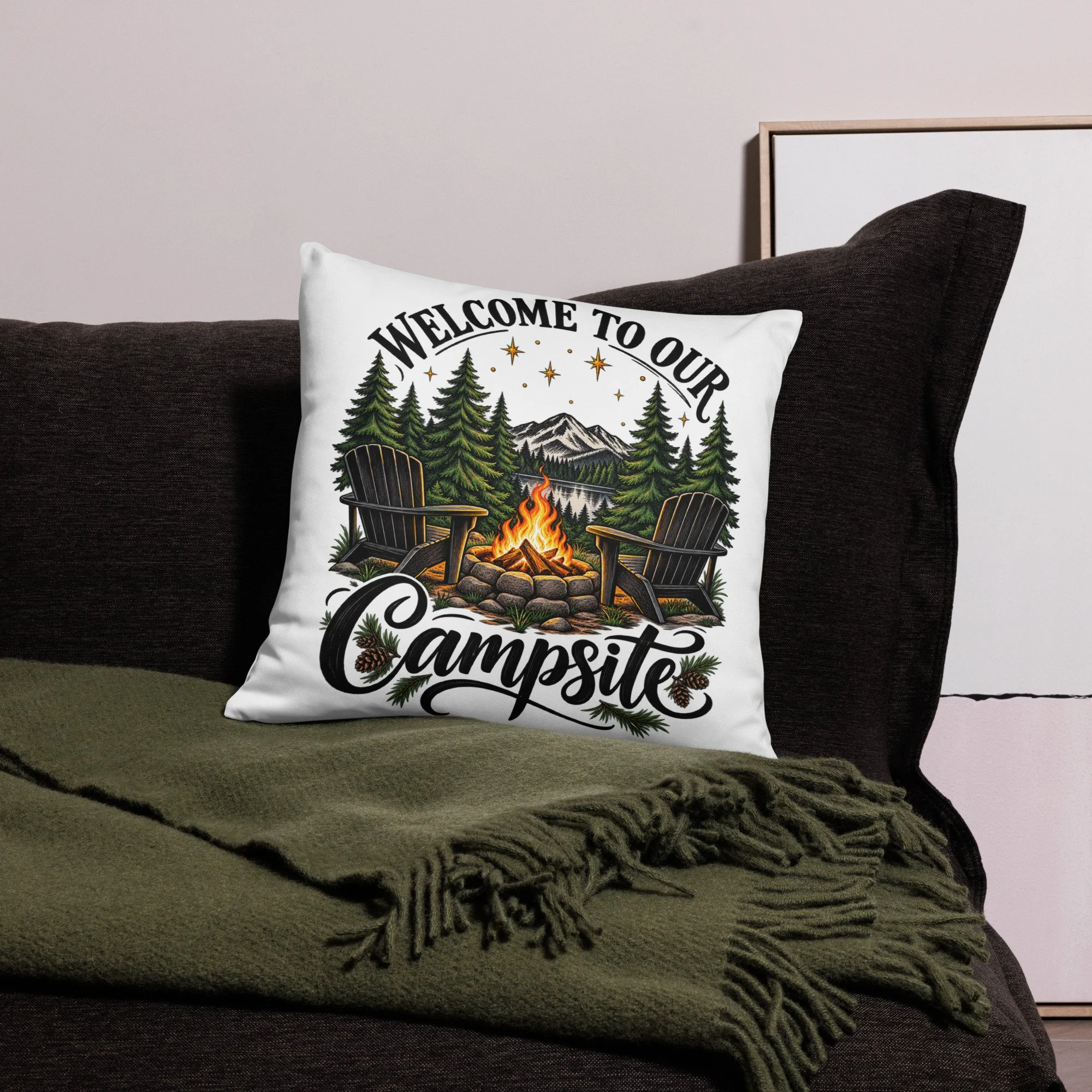 Welcome to Our Campsite camping throw pillow, 18 by 18 inches, back view