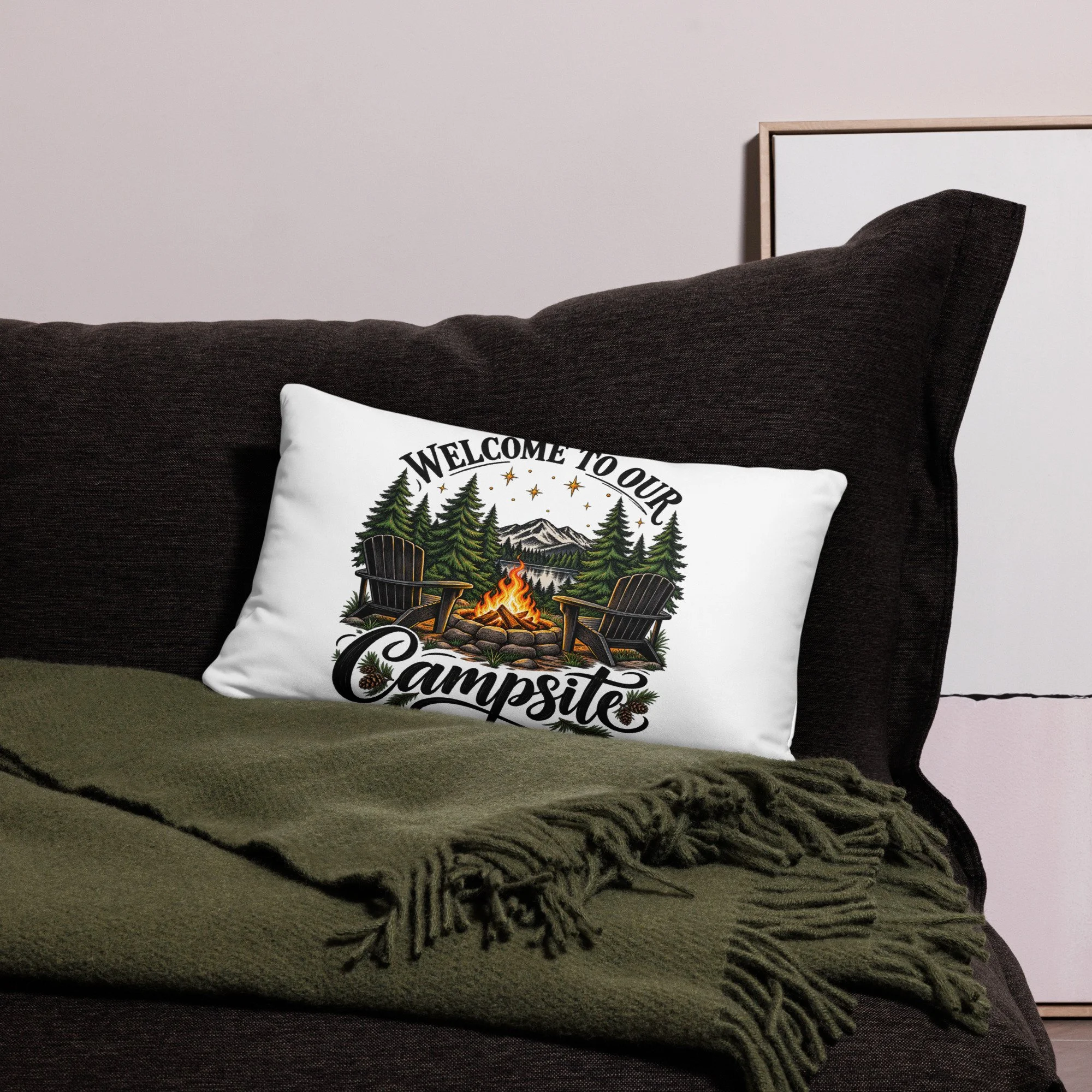 Welcome to Our Campsite camping throw pillow, 20 by 12 inches, back view