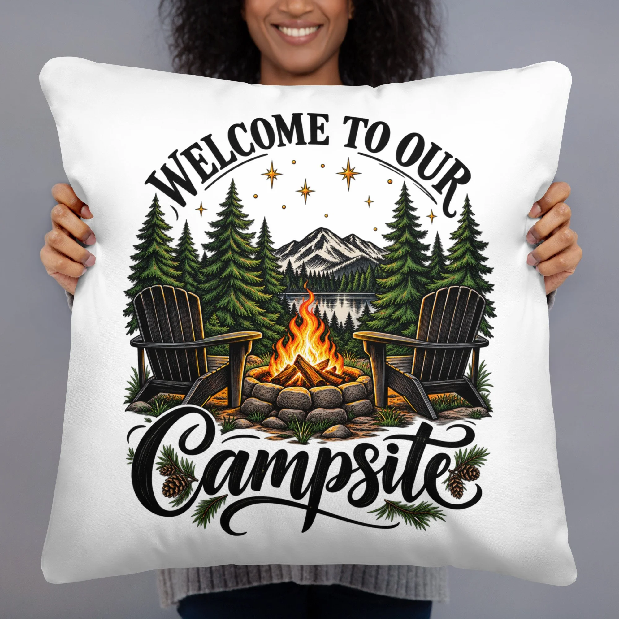 Welcome to Our Campsite camping throw pillow with camp chairs, campfire and pine trees, 22 by 22 inches, front view