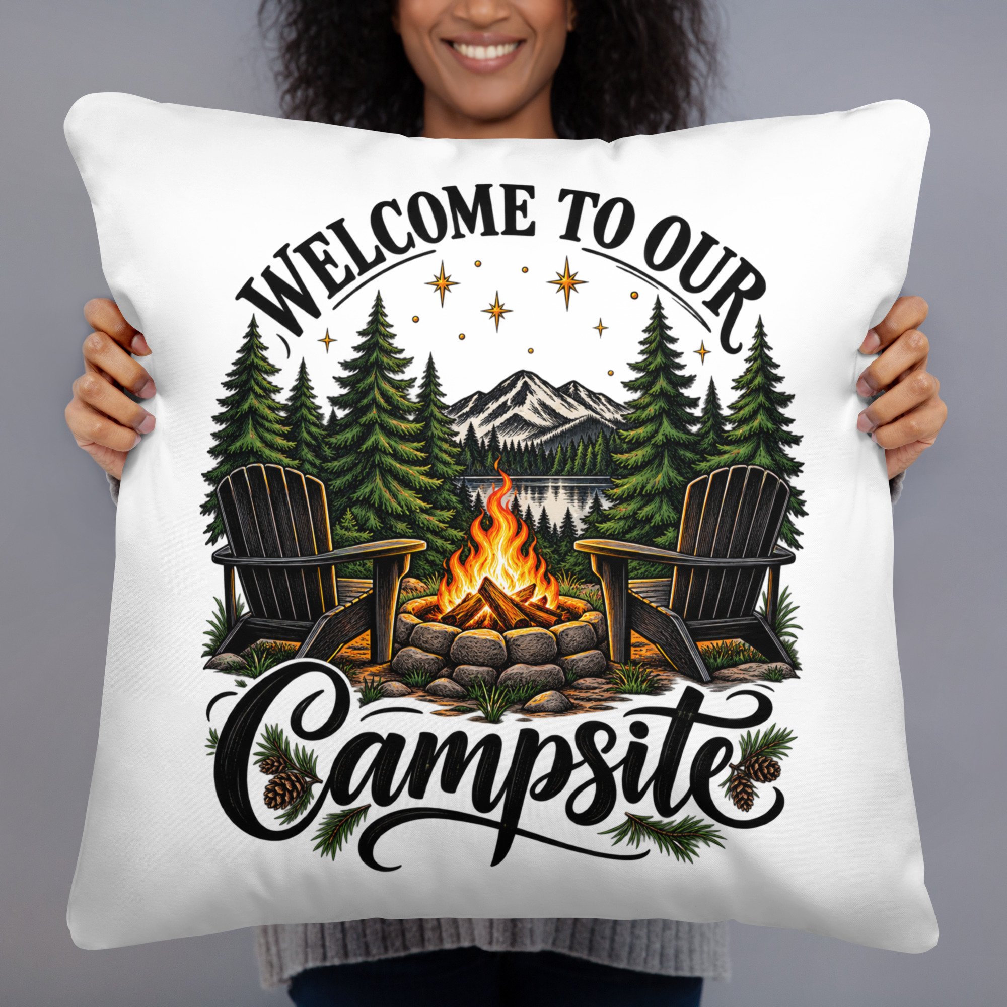 Welcome to Our Campsite camping throw pillow, 22 by 22 inches, back view