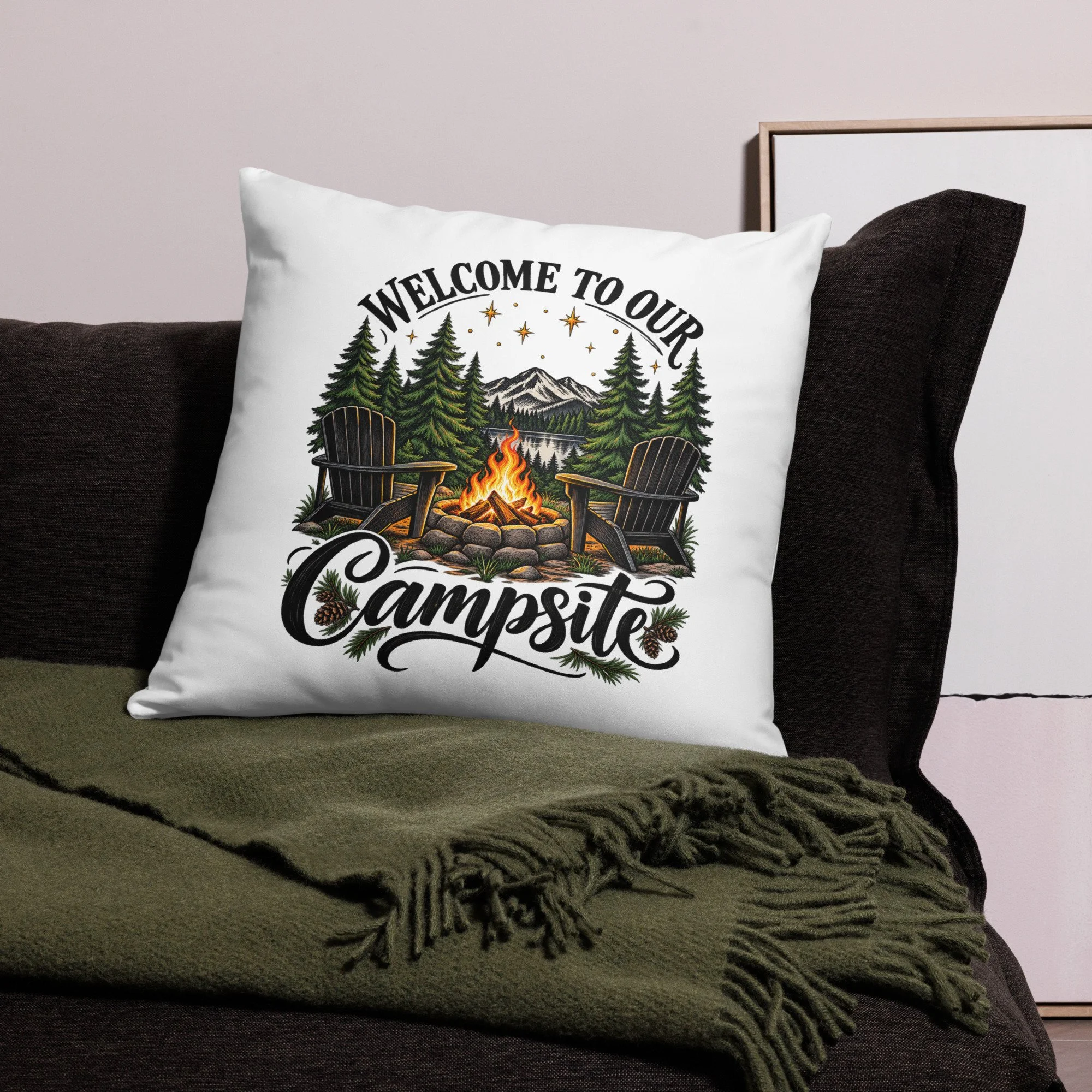 Welcome to Our Campsite camping throw pillow, 22 by 22 inches, back view
