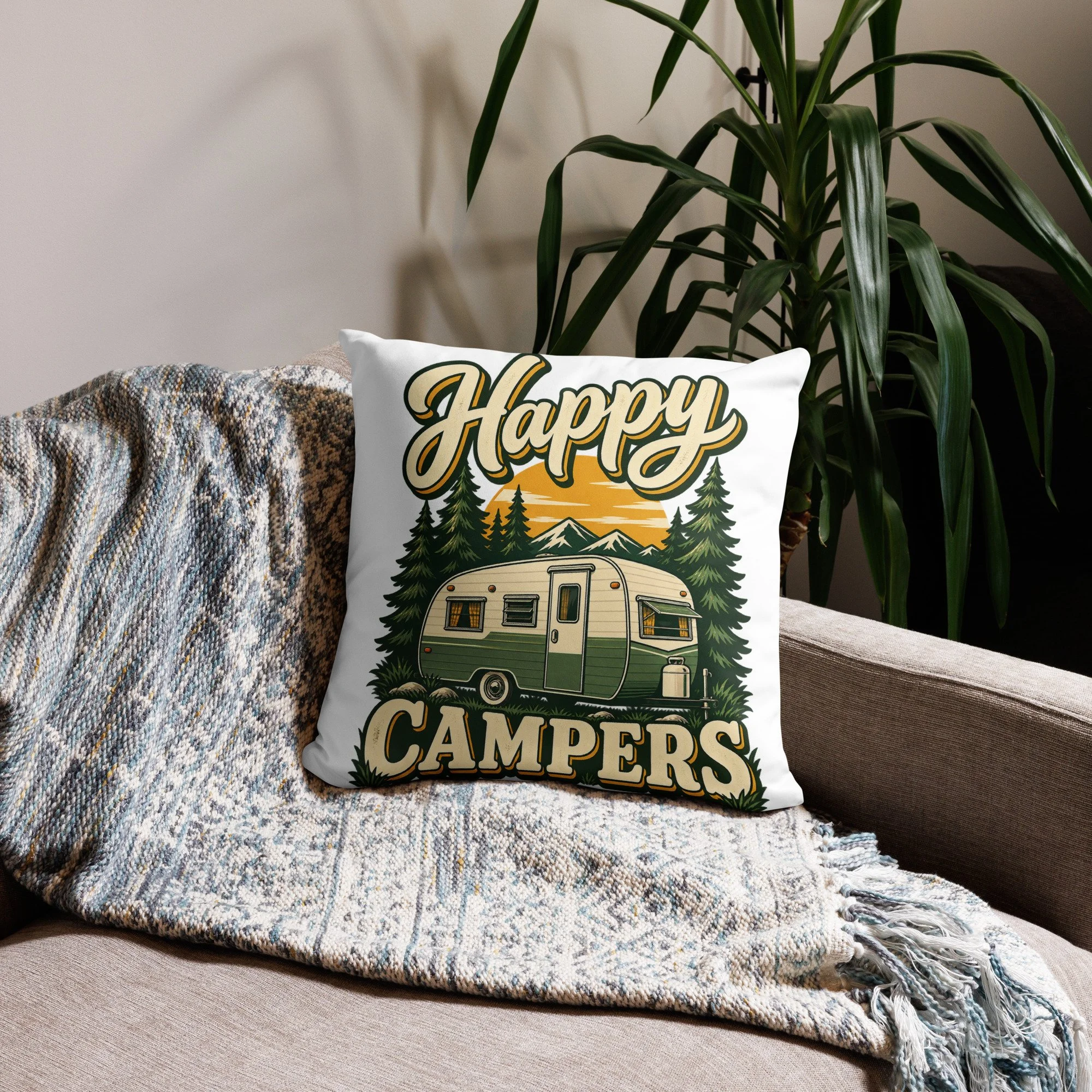 Happy Campers camping throw pillow, 18 by 18 inches, back view