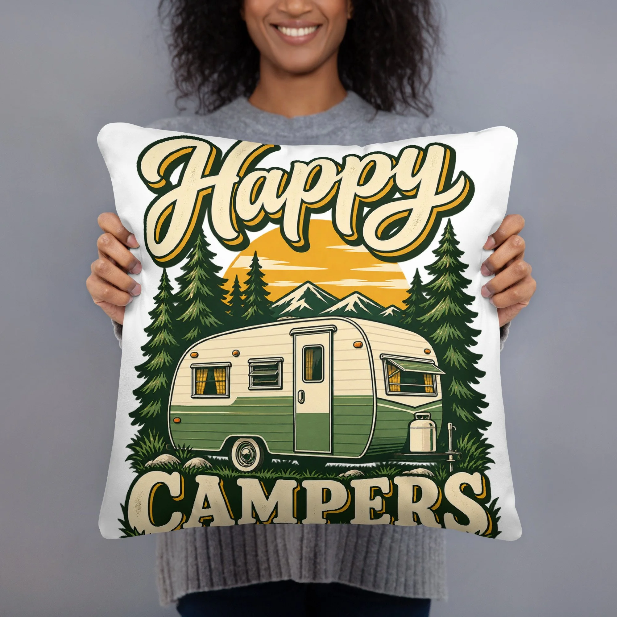 Happy Campers camping throw pillow, 18 by 18 inches, back view