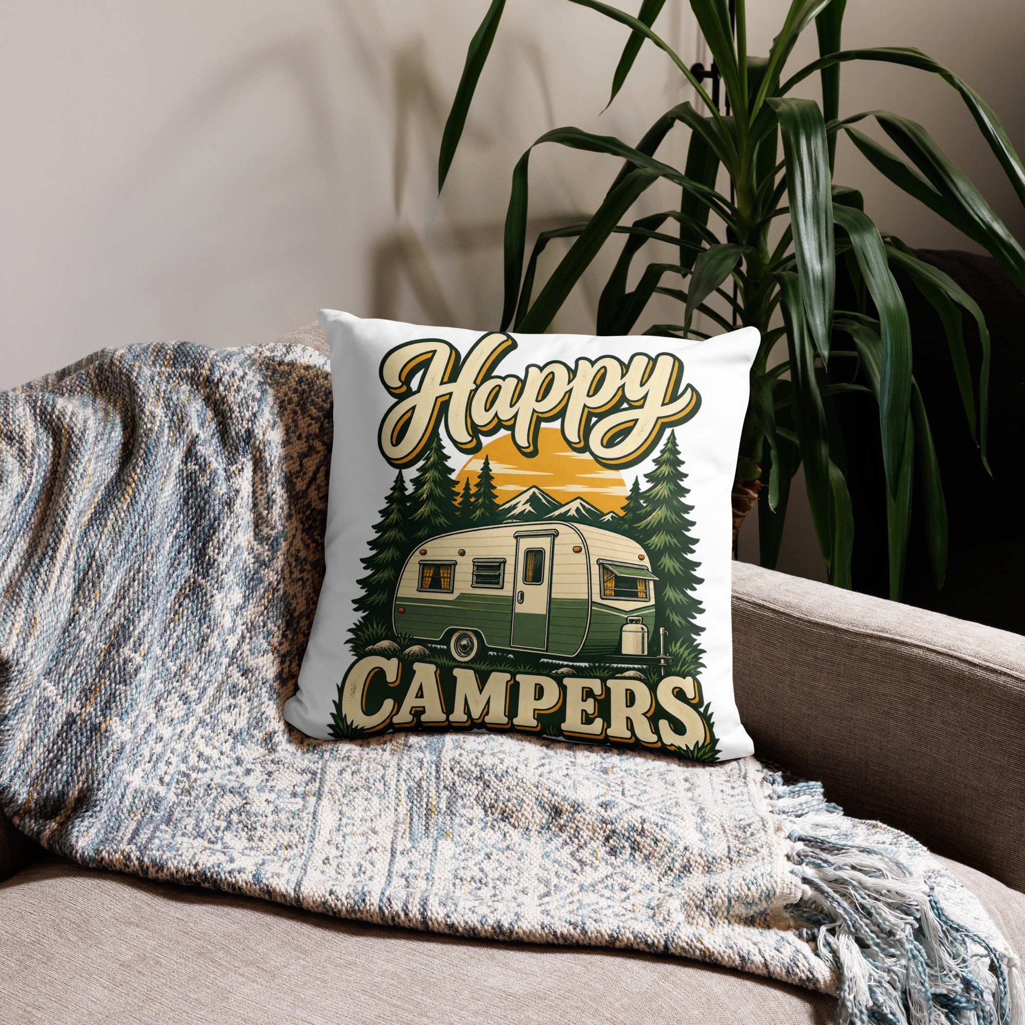 Happy Campers camping throw pillow with vintage green camper and sunset design, 18 by 18 inches, front view