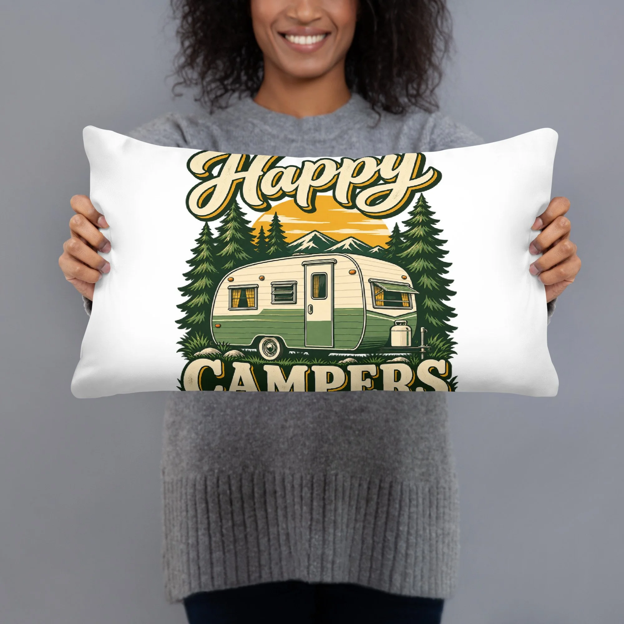 Happy Campers camping throw pillow, 20 by 12 inches, back view