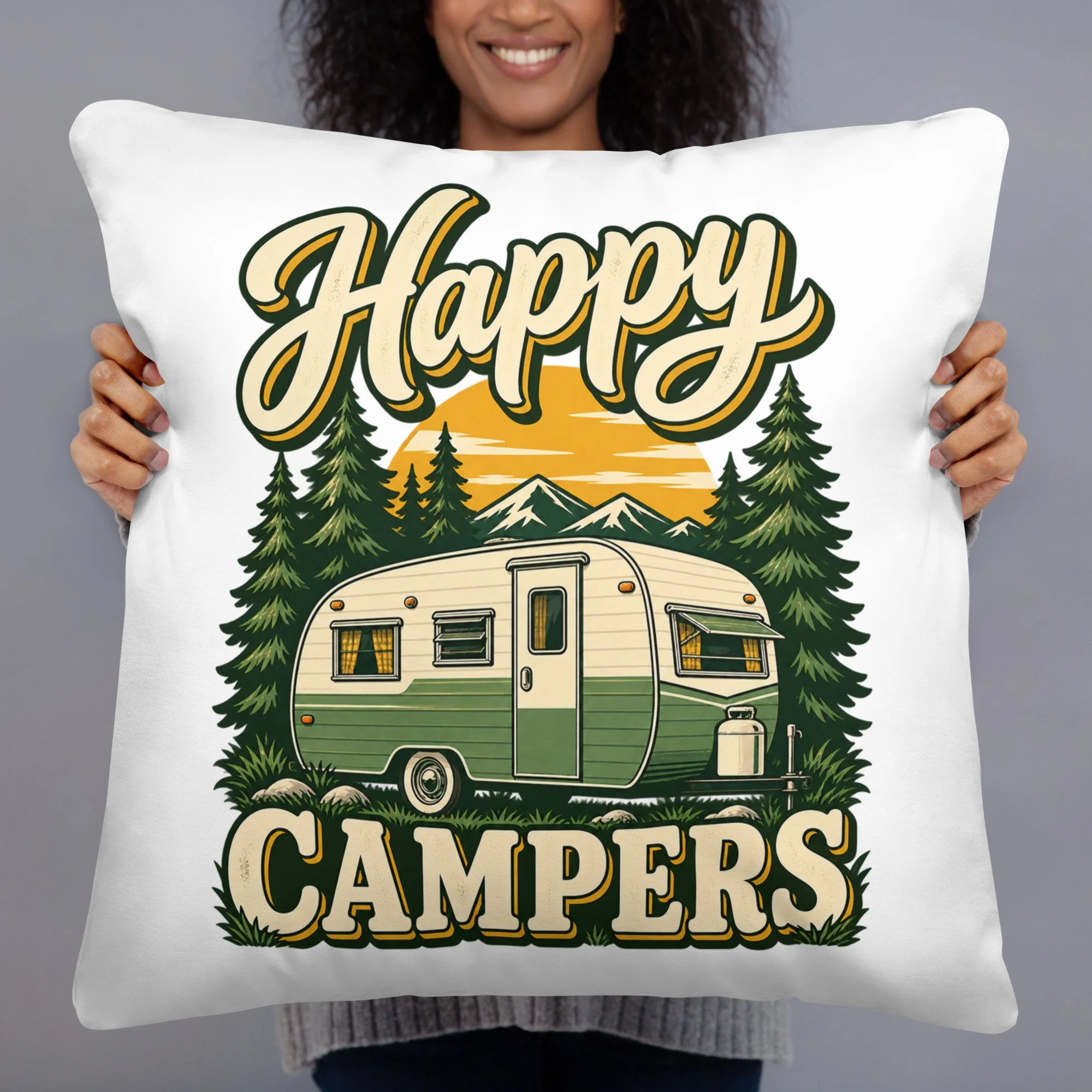 Happy Campers camping throw pillow with vintage green camper and sunset design, 22 by 22 inches, front view