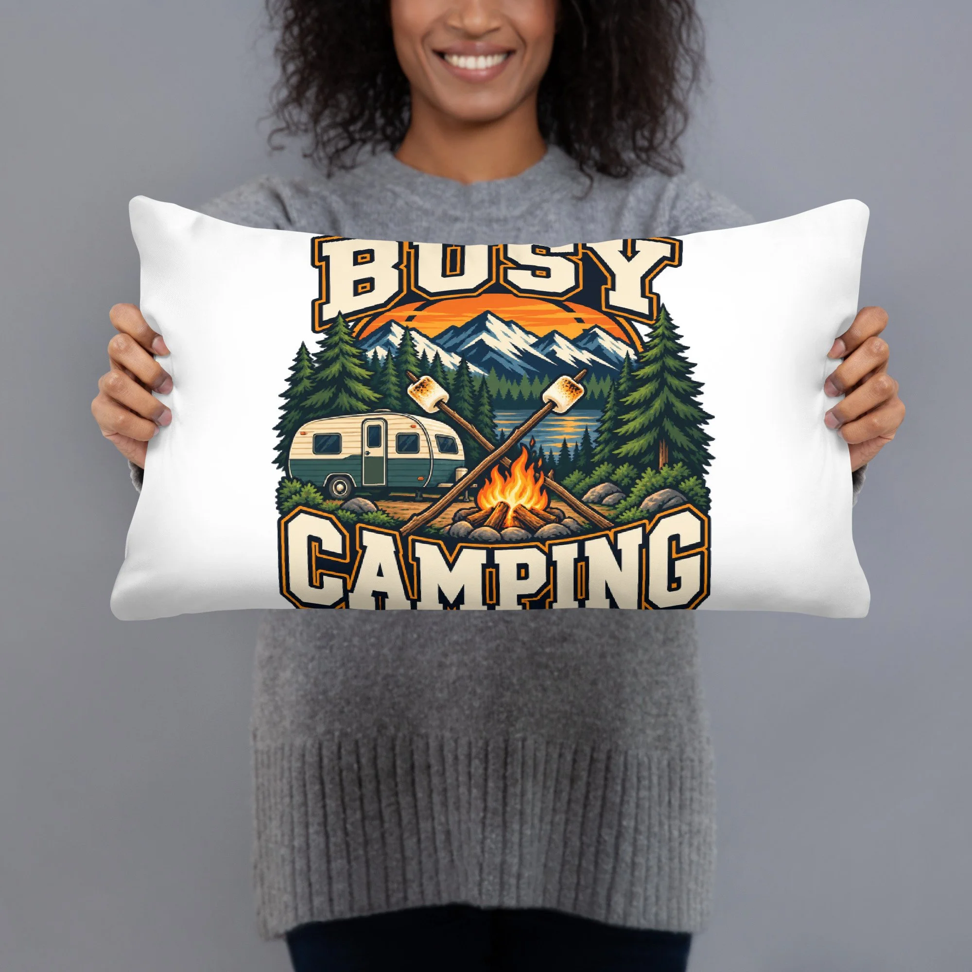 Busy Camping camping throw pillow, 20 by 12 inches, back view