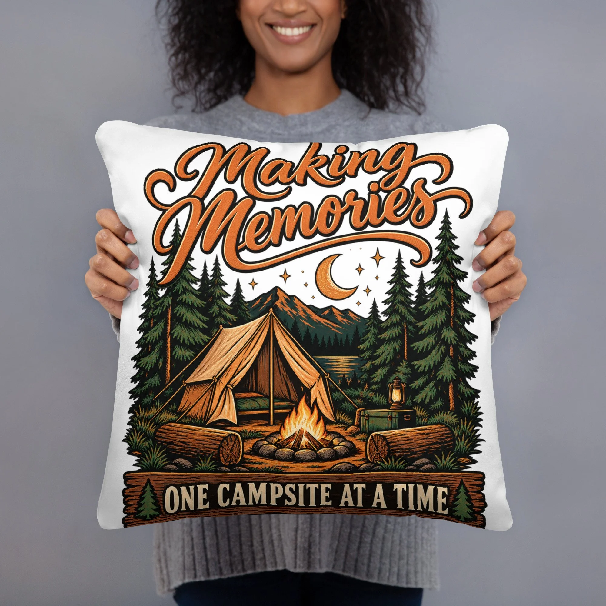 Making Memories camping throw pillow, 18 by 18 inches, back view