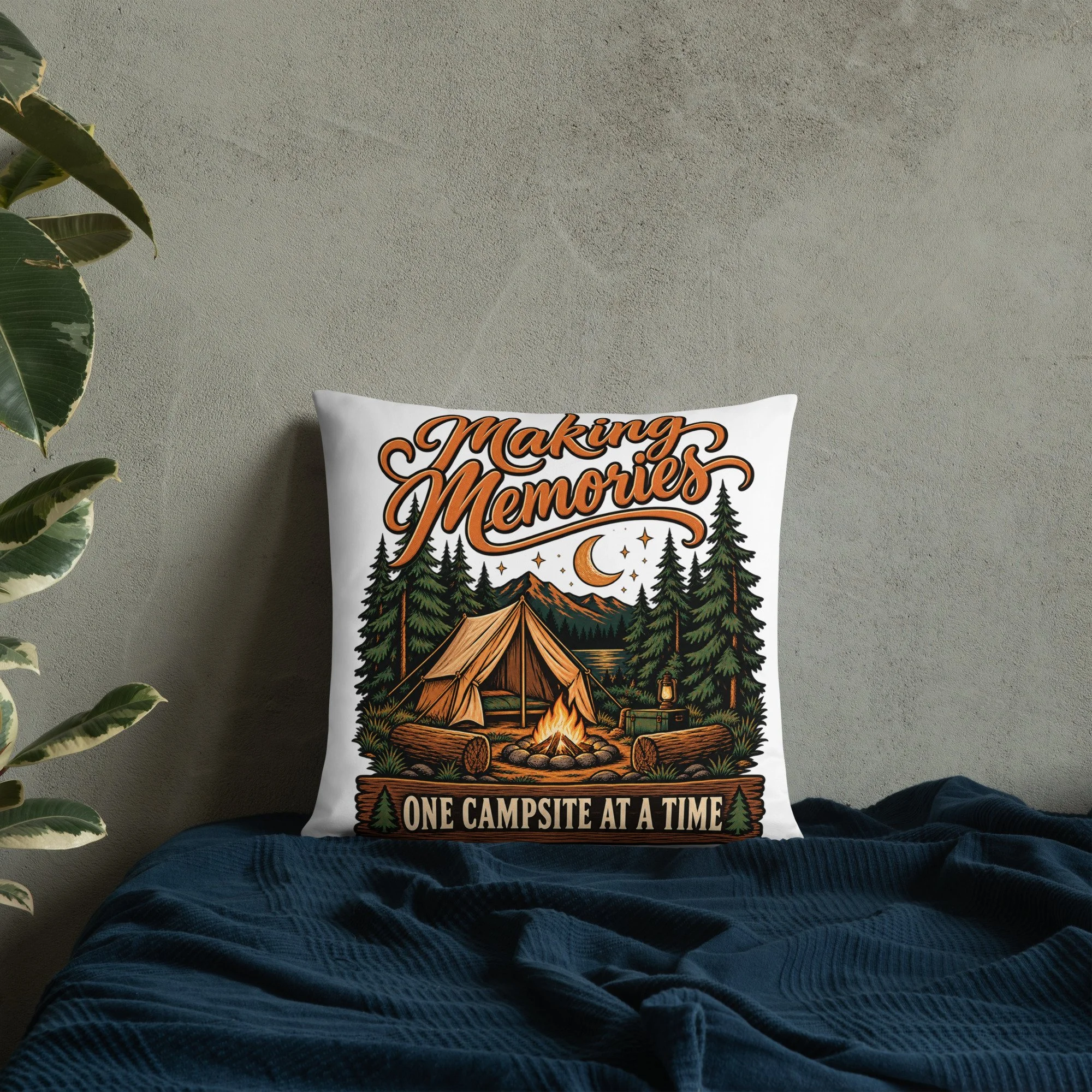 Making Memories camping throw pillow, 18 by 18 inches, back lifestyle view