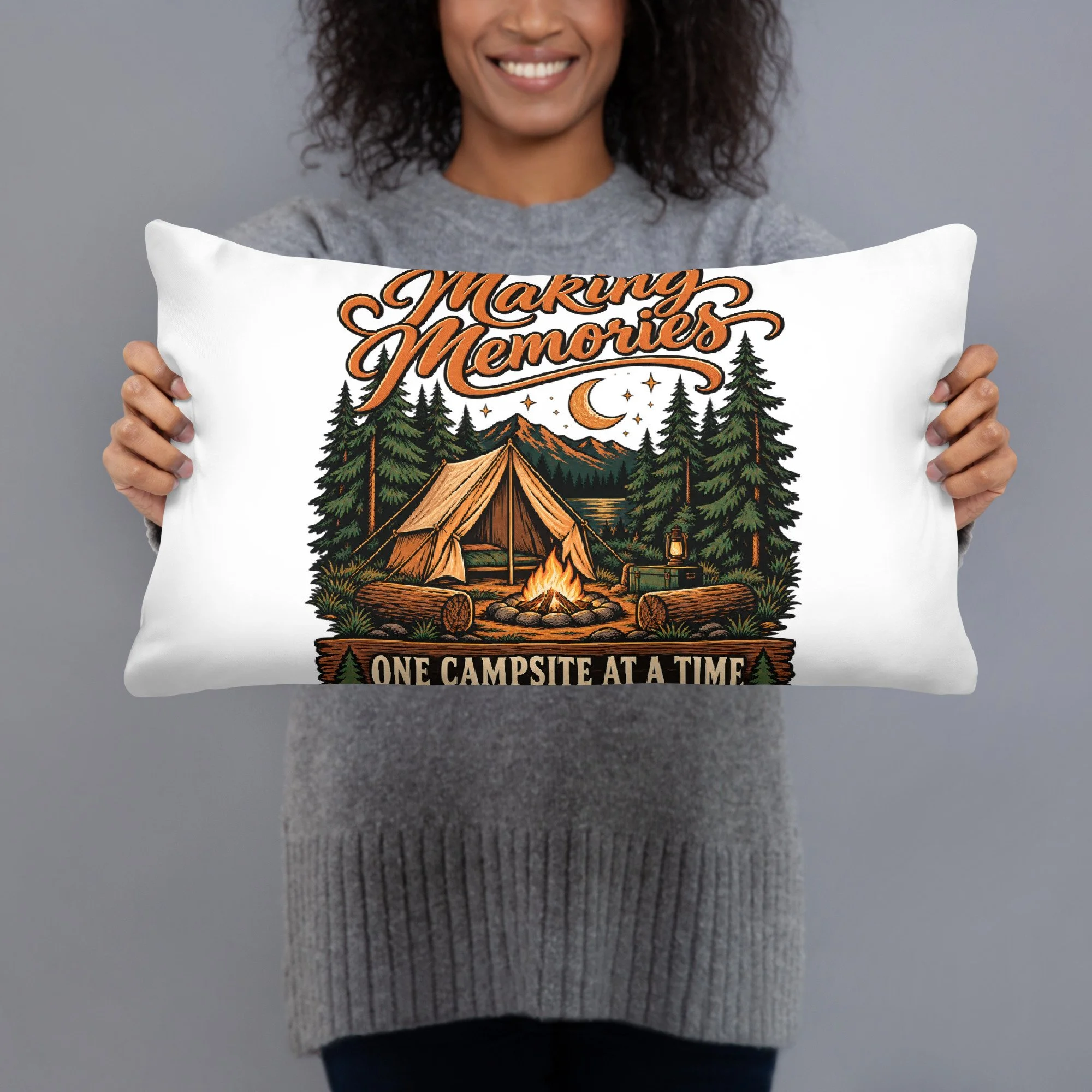 Making Memories camping throw pillow, 20 by 12 inches, back view