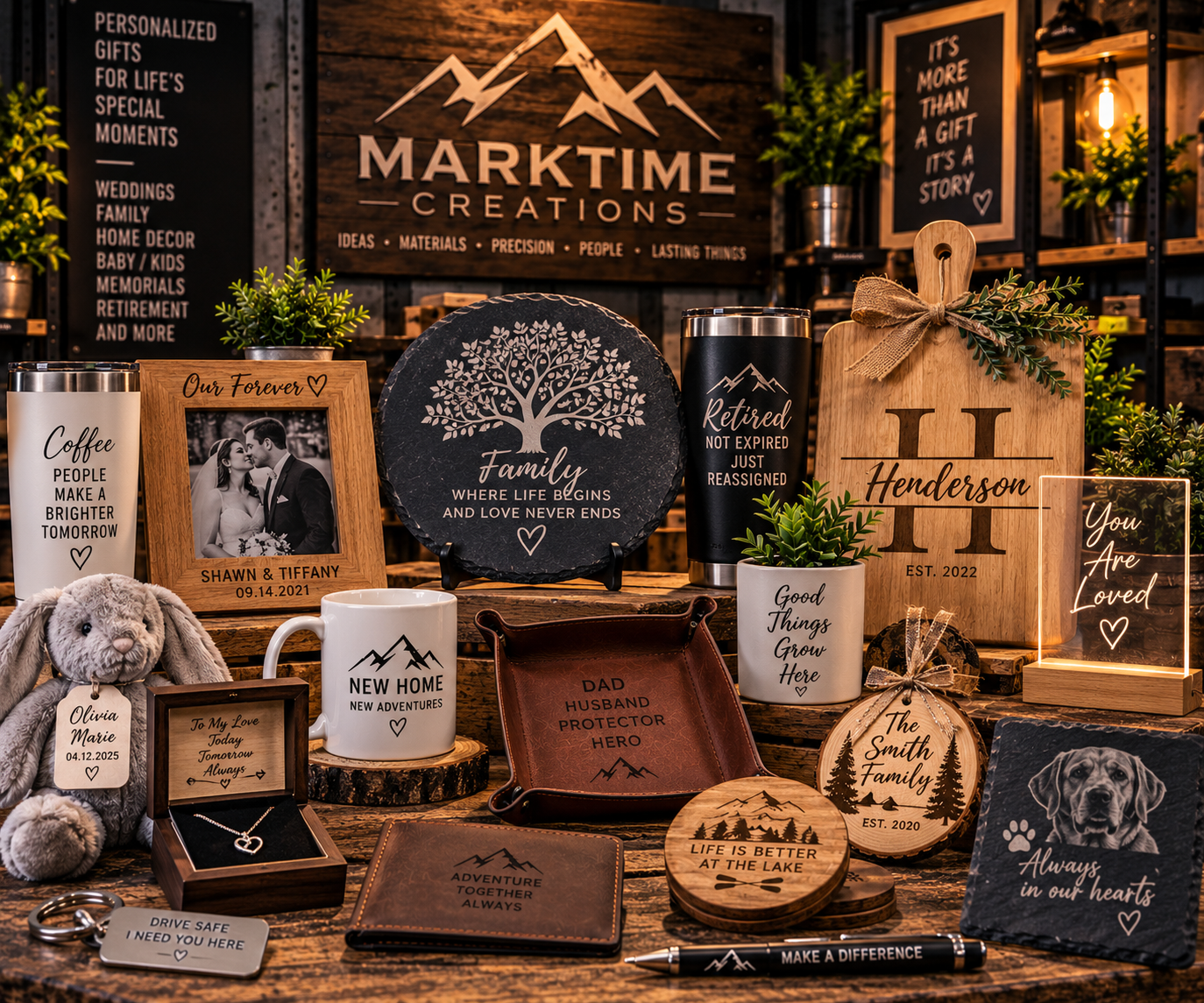 Personalized keepsakes, engraved gifts, and framed photographs.