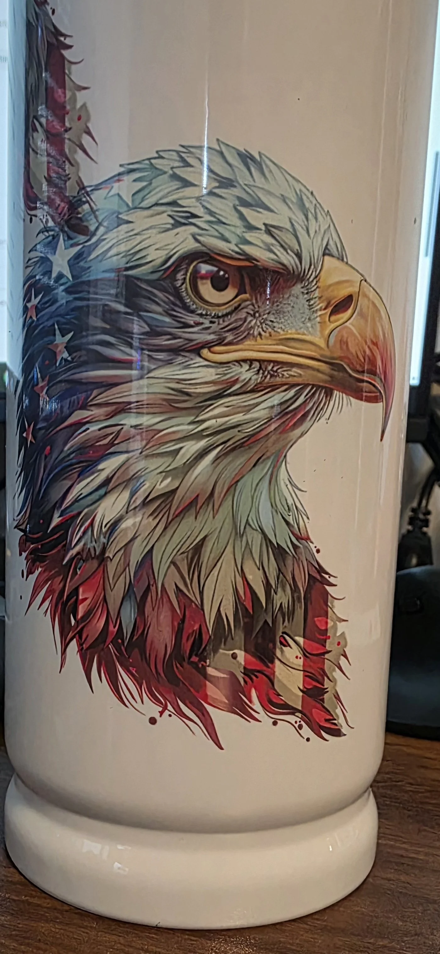 Personalized bullet-style tumbler featuring a patriotic bald eagle and American flag design, created with full-color sublimation printing