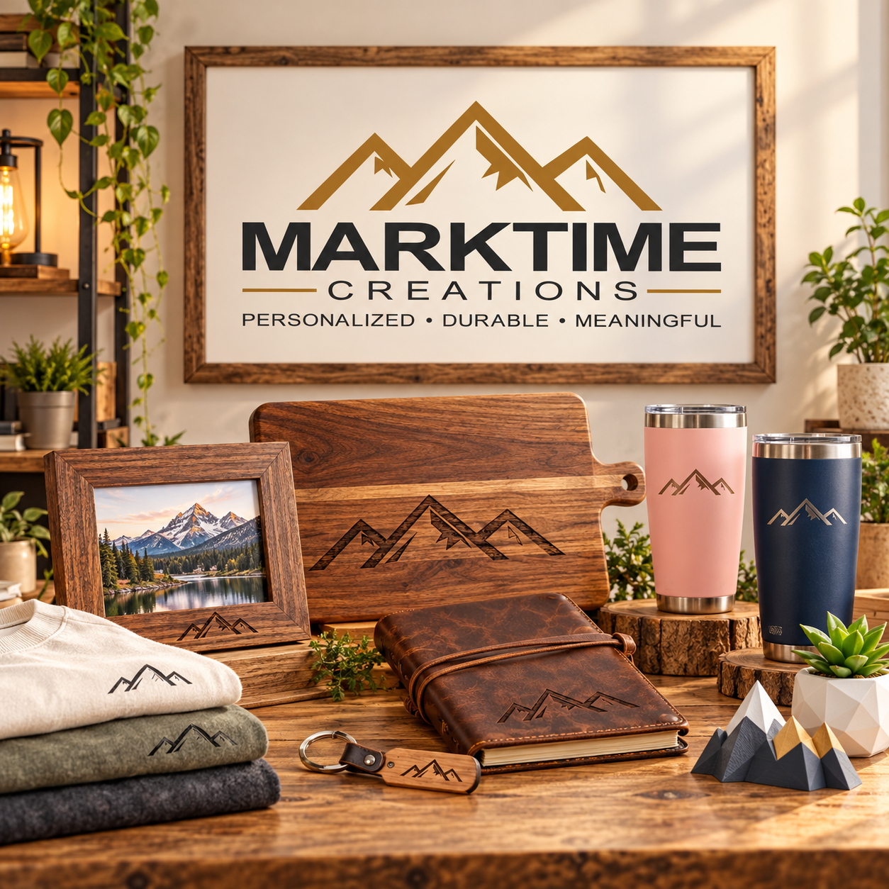 MarkTime Creations mountain logo above personalized wood gifts, tumblers, apparel, a leather journal, and 3D printed decor in a warm studio.