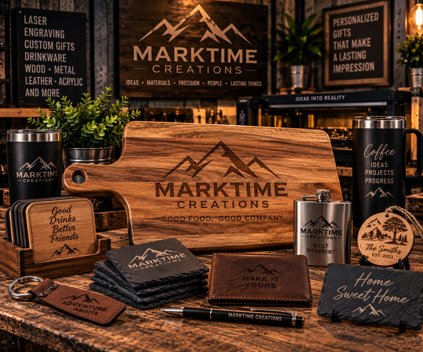 Personalized engraved gifts and drinkware arranged on a wooden table.