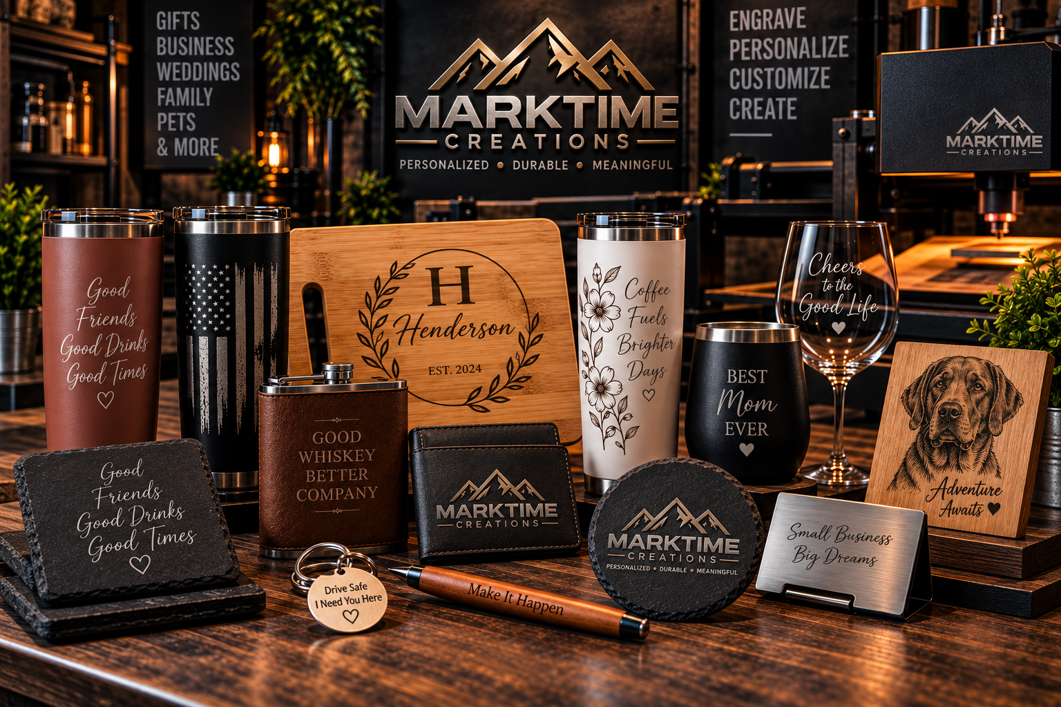 Engraved drinkware, wooden gifts, and leather accessories.
