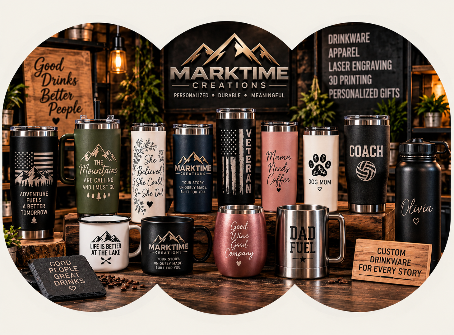 Custom tumblers displayed on a wooden table.