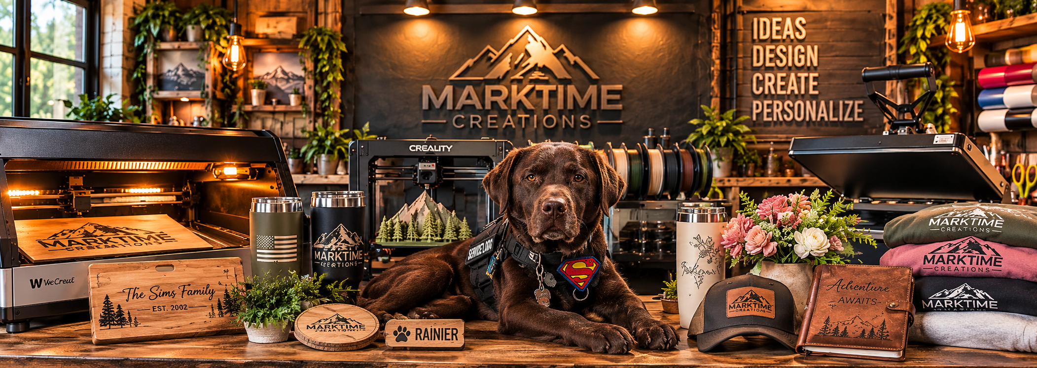A brown dog in a creative workspace with MarkTime Creations products.