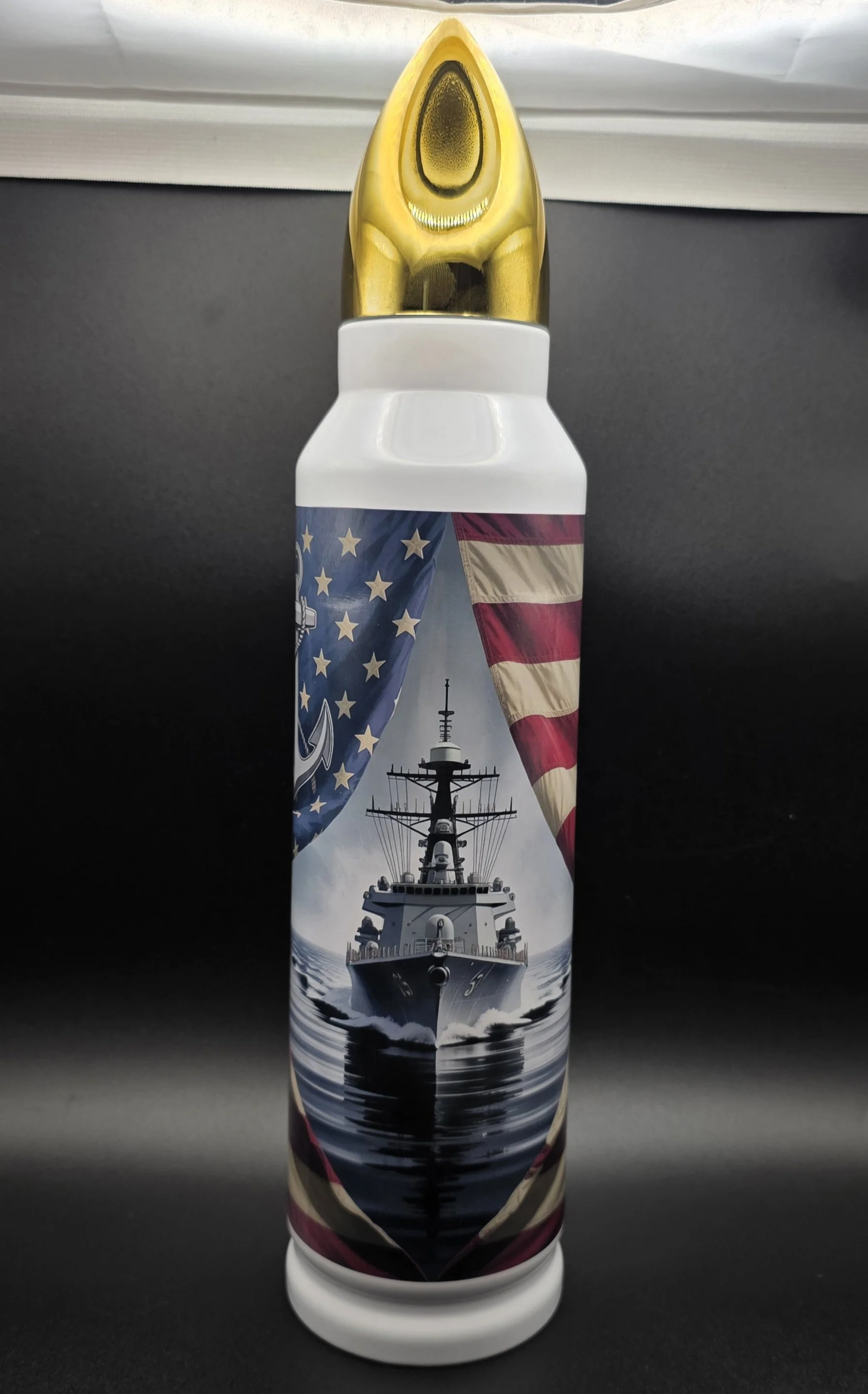 Personalized bullet-style tumbler featuring a U.S. Navy warship and American flag design, custom sublimated by MarkTime Creations.
