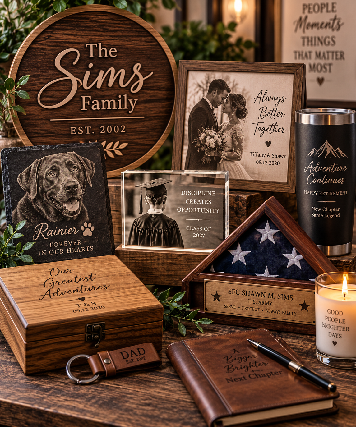 Personalized family keepsakes, photographs, and engraved gifts.